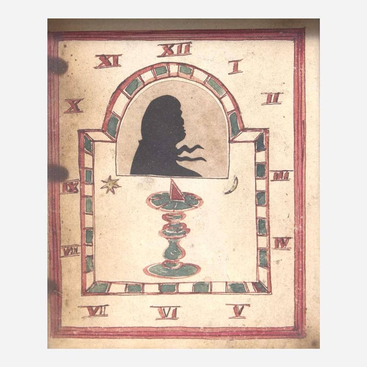 American School 19th century Drawing of Clock Face with Silhouette Portrait of a Gentleman