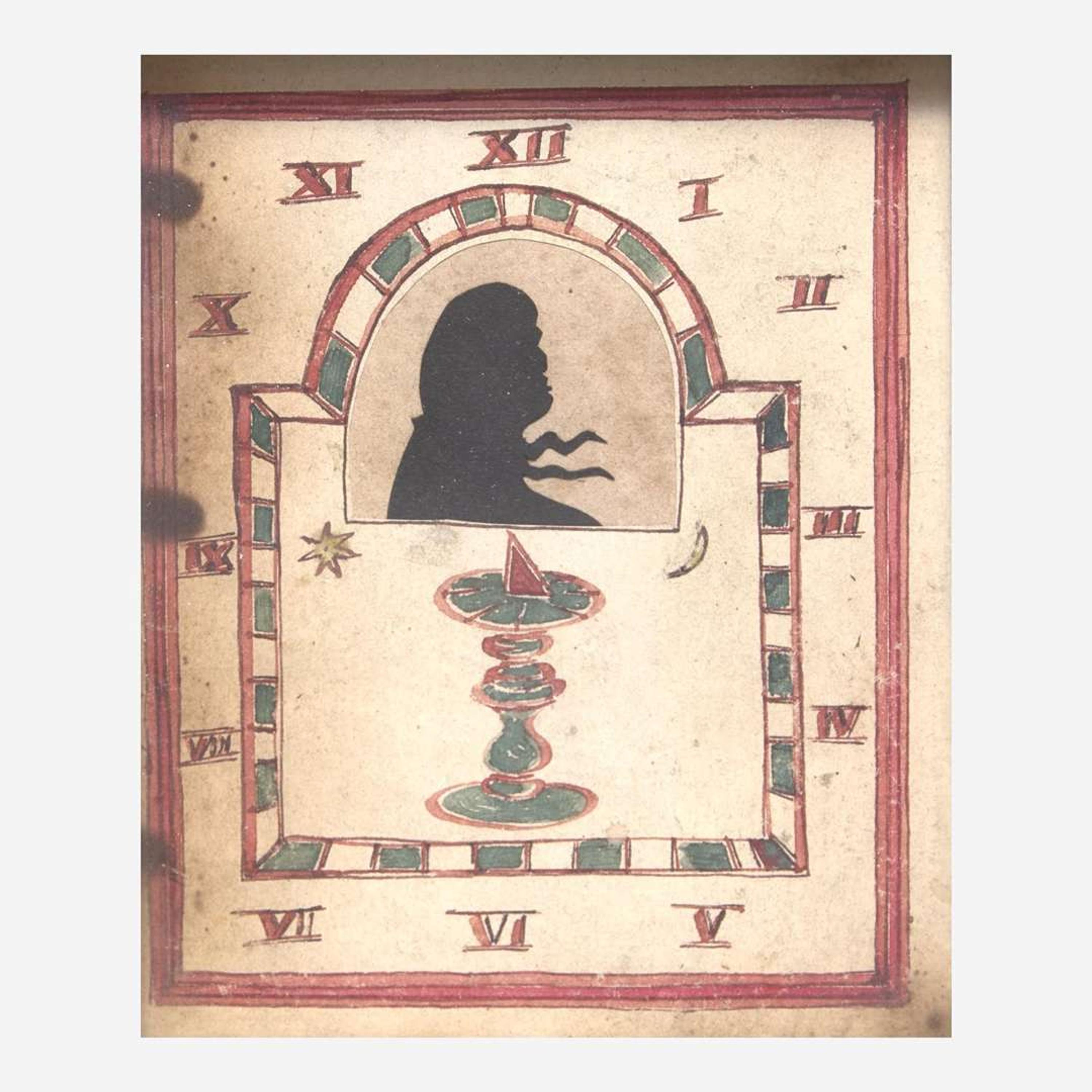 American School 19th century Drawing of Clock Face with Silhouette Portrait of a Gentleman