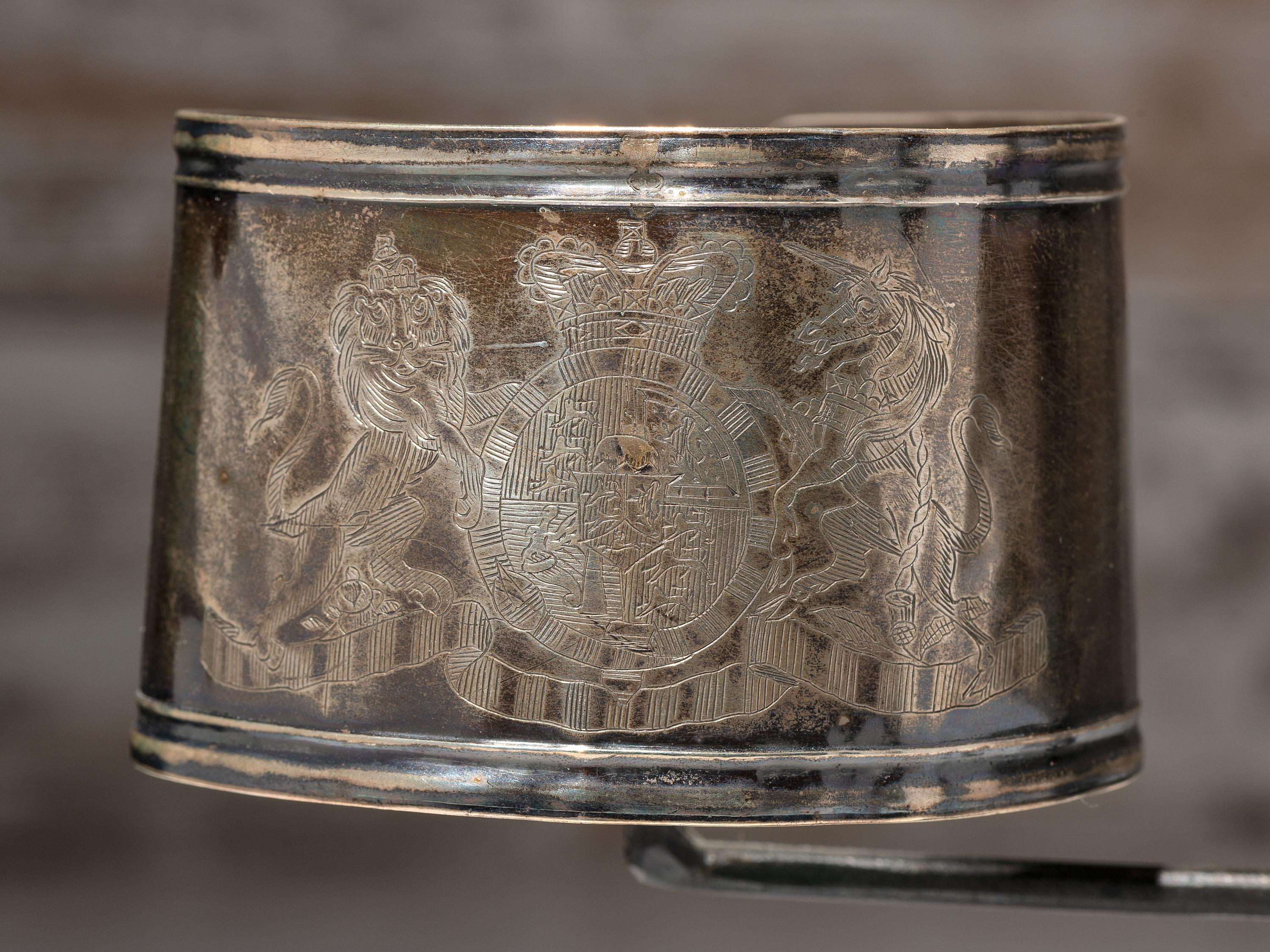 George III Era Sterling Silver Armbands and British Officer's Gilt Copper Gorget, Presented to Ojibwa Chief John Aisance