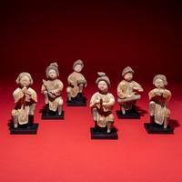 Six Chinese Painted Pottery Figures of Female Musicians, Tang Dynasty Style — 唐式陶加彩樂伎俑一組六件