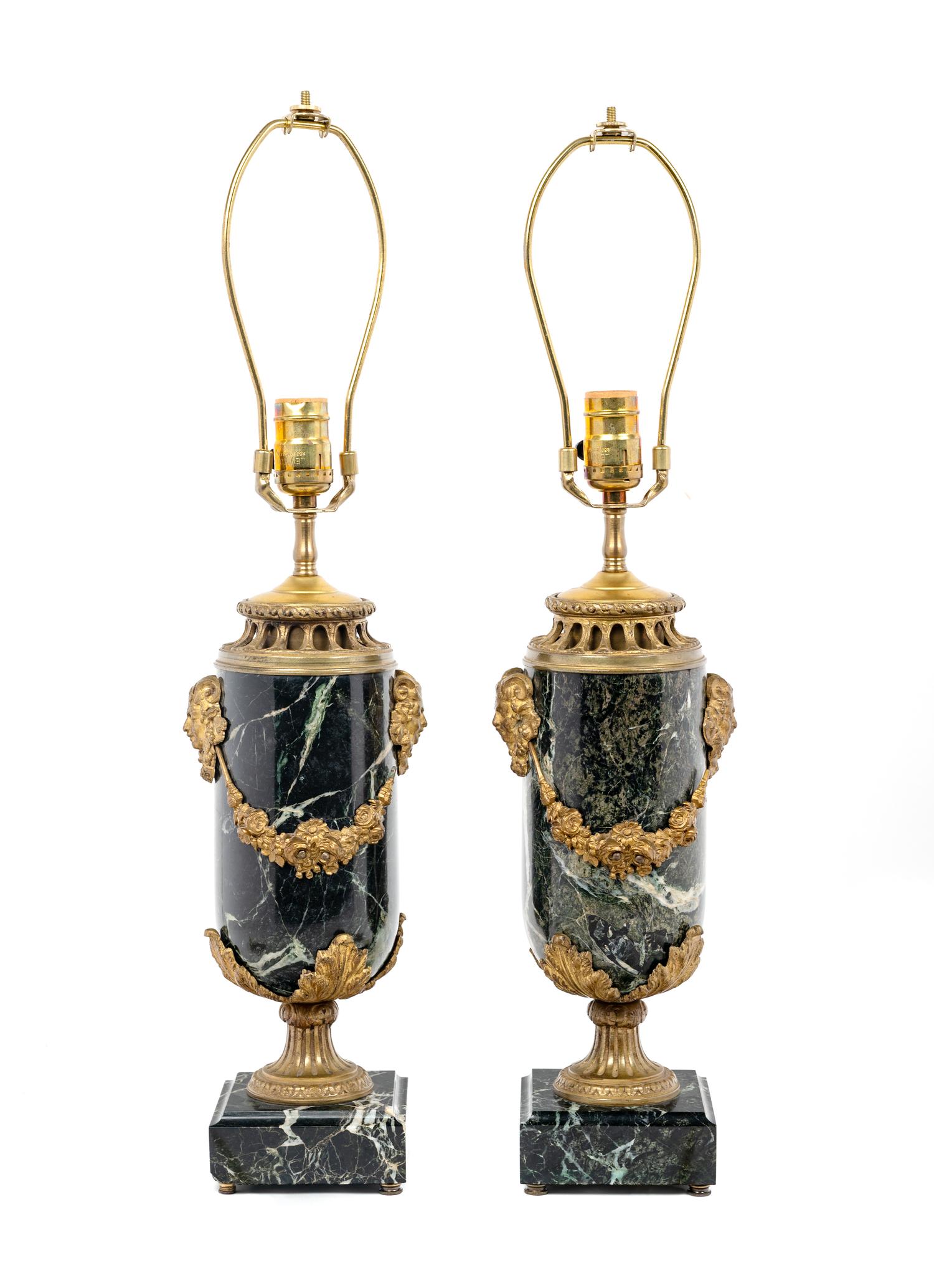 A Pair of Continental Gilt Metal Mounted Marble Lamps