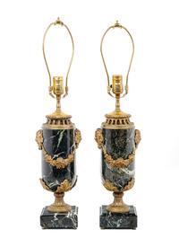 A Pair of Continental Gilt Metal Mounted Marble Lamps