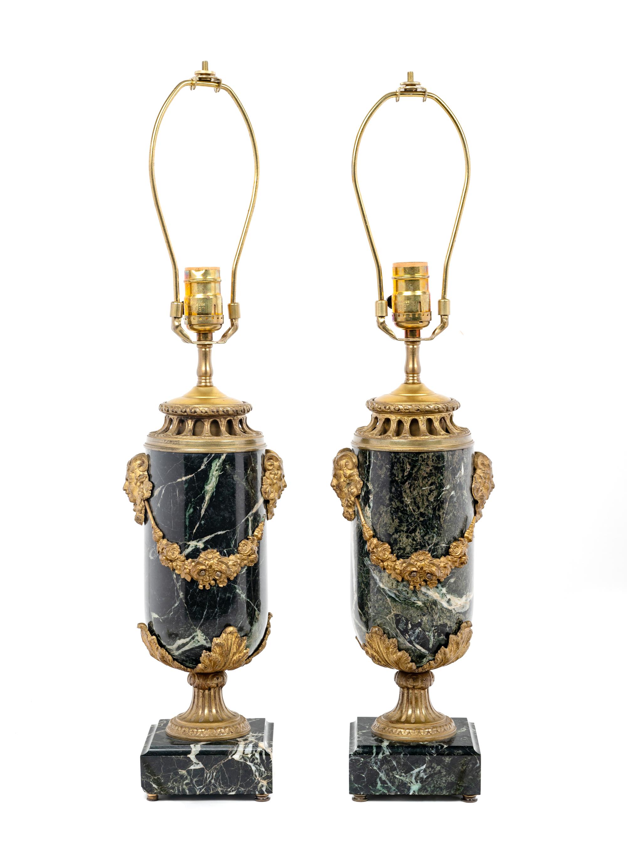 A Pair of Continental Gilt Metal Mounted Marble Lamps