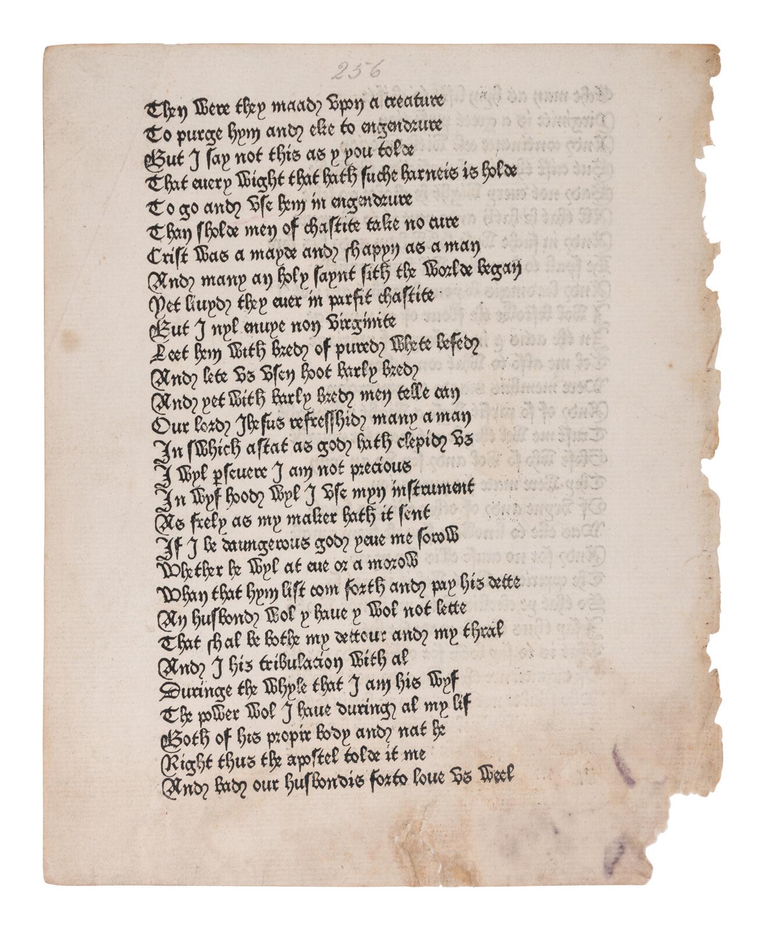 [INCUNABULA] -- [CAXTON, William (ca 1422-1491 or 1492)]. -- CHAUCER, Geoffrey (d. 1400). "The Wife of Bath's Prologue." Extracted from: The Canterbury Tales . Westminster: William Caxton, 1476.