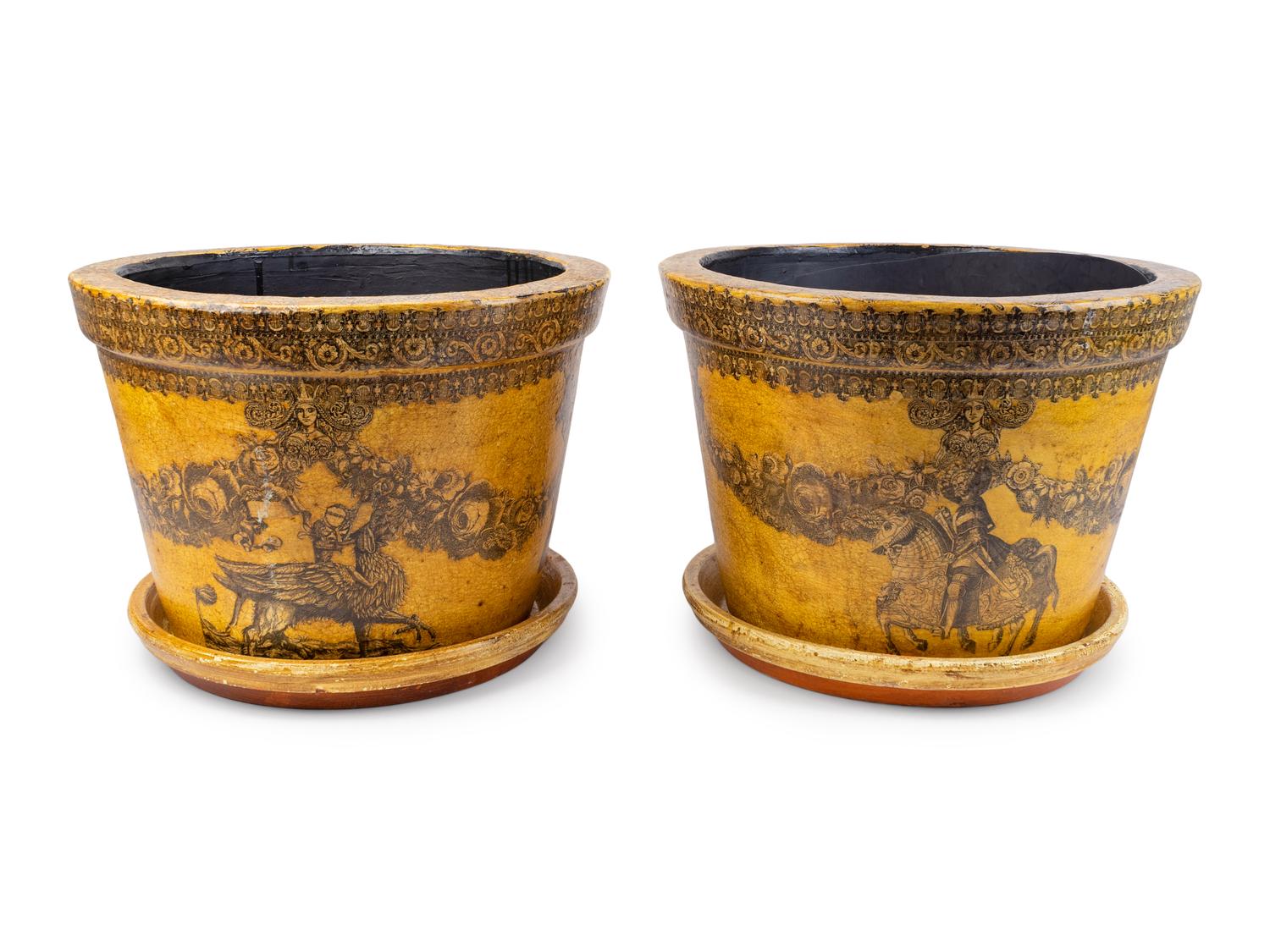 A Pair of English Papier Mache Over Terracotta Planters with Under Trays — 19TH/20TH CENTURY