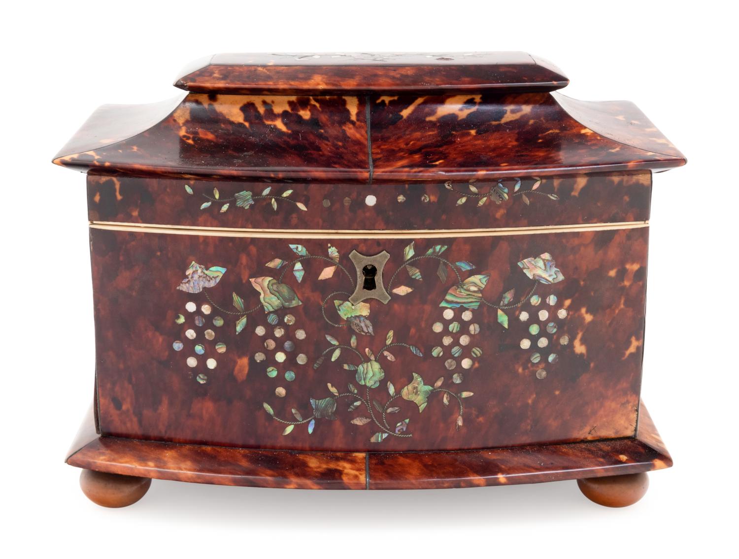 A Regency Tortoiseshell and Mother-of-Pearl Inset Tea Caddy