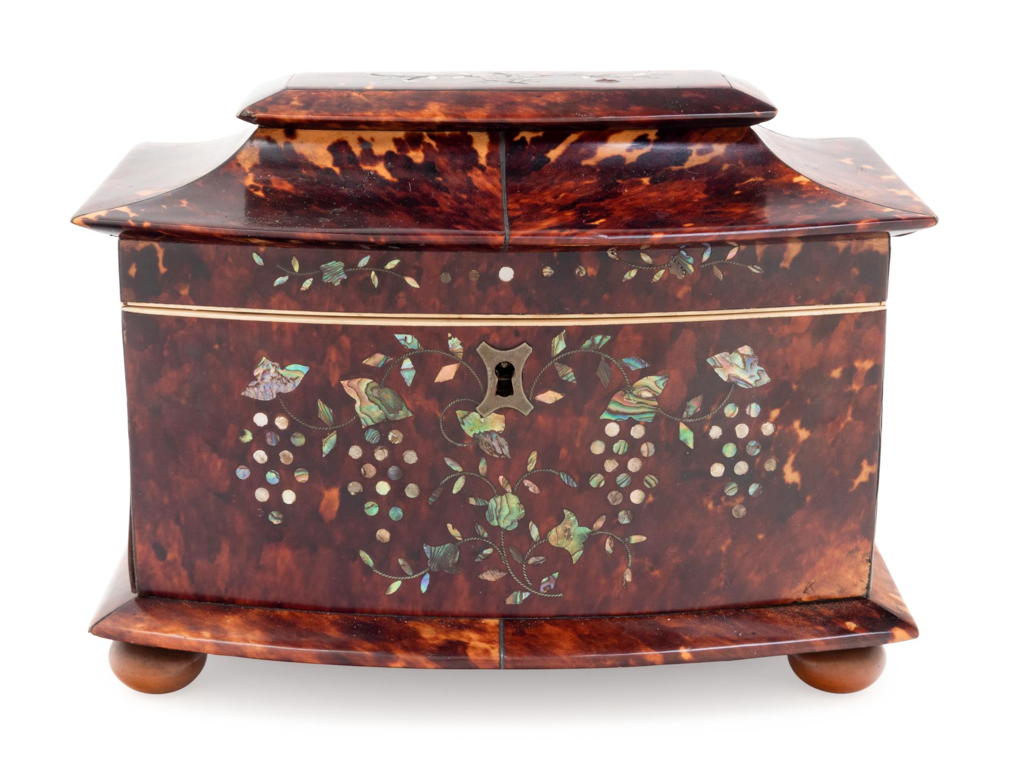 A Regency Tortoiseshell and Mother-of-Pearl Inset Tea Caddy