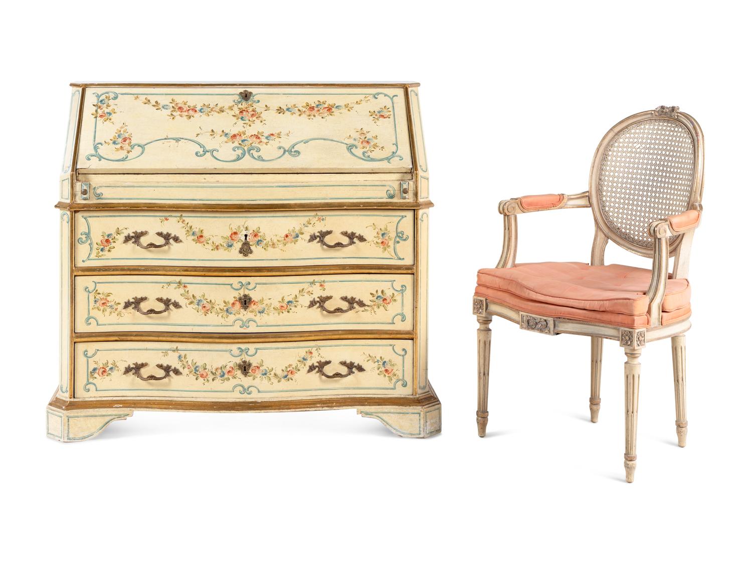 A Venetian Style Painted and Parcel-Gilt Slant-Front Bureau and Matching Hanging Vitrine