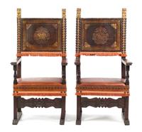 A Pair of Italian Baroque Style Walnut Armchairs Height 54 1/2 inches. — 20TH CENTURY