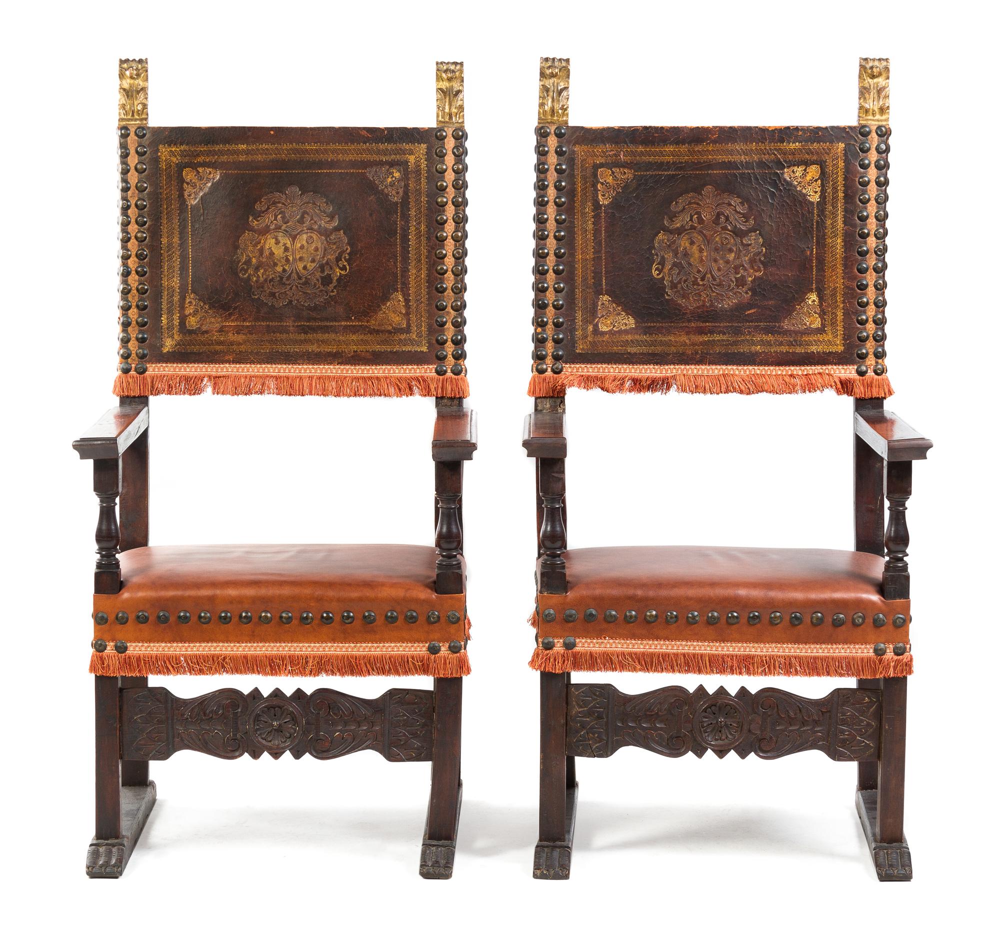 A Pair of Italian Baroque Style Walnut Armchairs Height 54 1/2 inches. — 20TH CENTURY