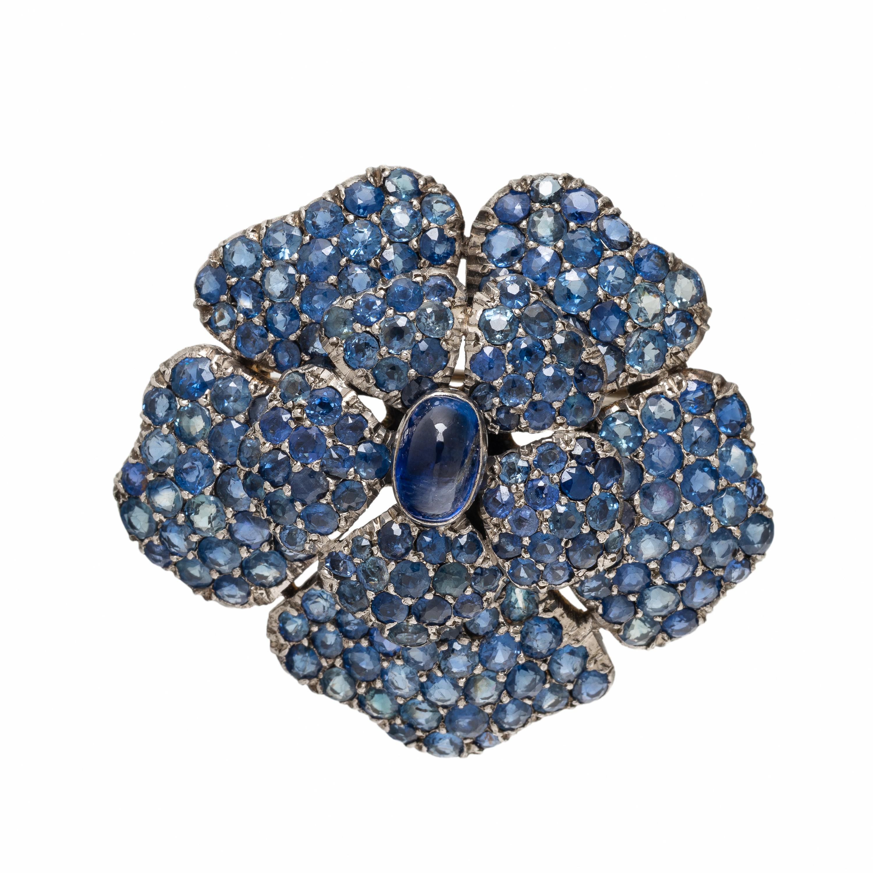 Sapphire and Silver-Topped Low Karat Gold Flower Brooch