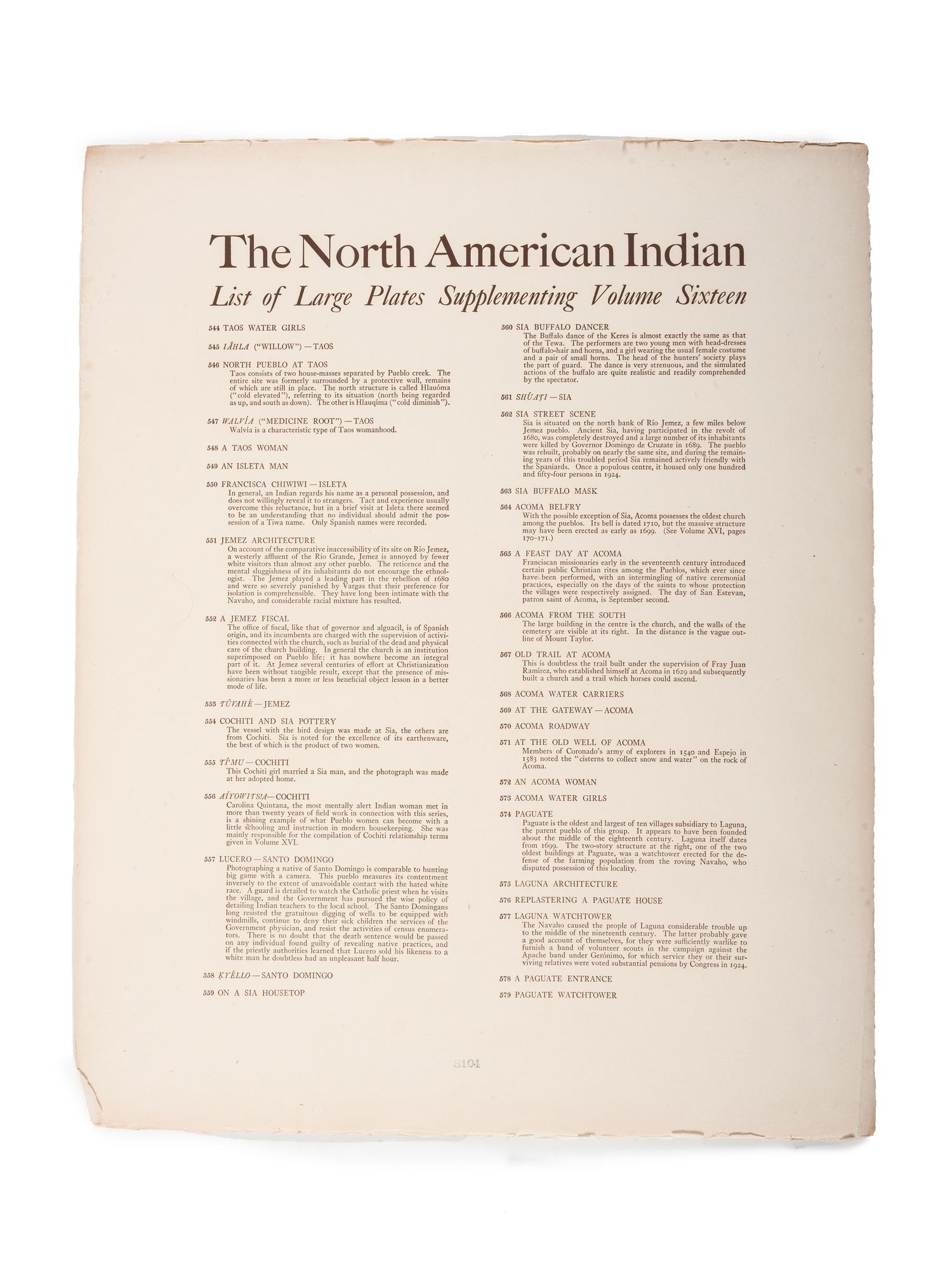 CURTIS, Edward S. (1868-1952). Complete Portfolio XVI of 36 photogravures from The North American Indian .