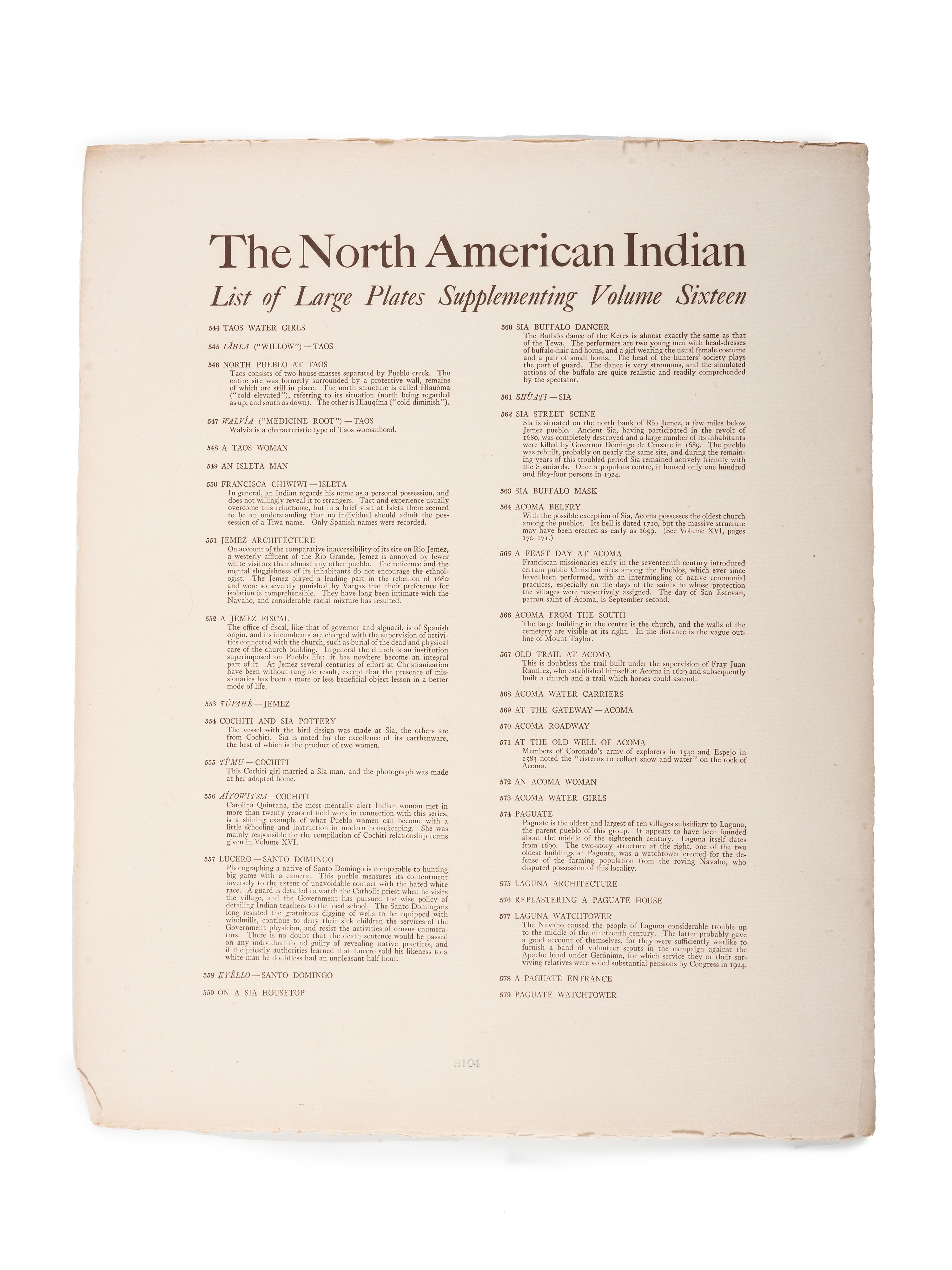 CURTIS, Edward S. (1868-1952). Complete Portfolio XVI of 36 photogravures from The North American Indian .