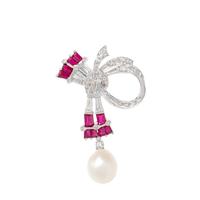 DIAMOND, SYNTHETIC RUBY AND CULTURED PEARL CONVERTIBLE BROOCH