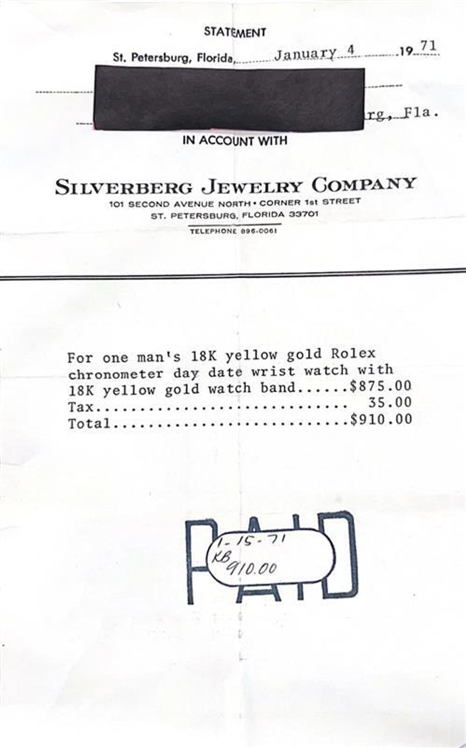 ROLEX, REF. 1803 18K YELLOW GOLD 'DAY-DATE' WATCH WITH ORIGINAL RECEIPT