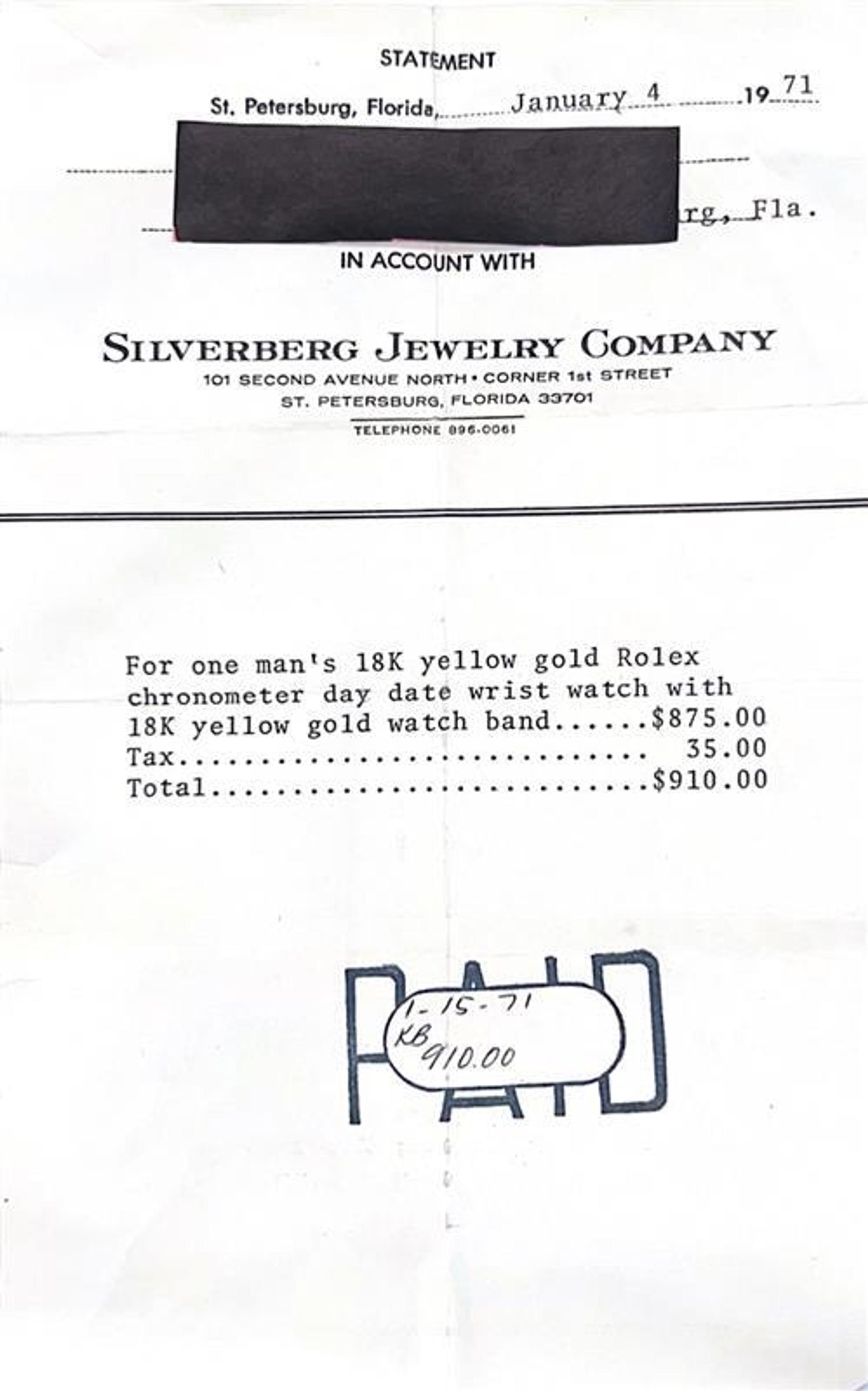 ROLEX, REF. 1803 18K YELLOW GOLD 'DAY-DATE' WATCH WITH ORIGINAL RECEIPT