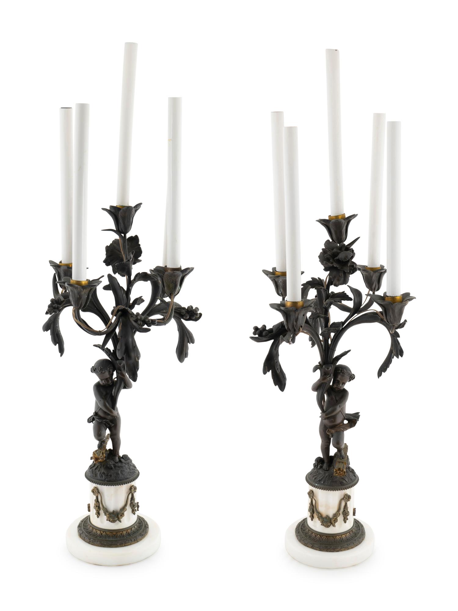 A Pair of French Bronze and Marble Five-Light Candelabra — 19TH CENTURY
