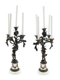 A Pair of French Bronze and Marble Five-Light Candelabra — 19TH CENTURY