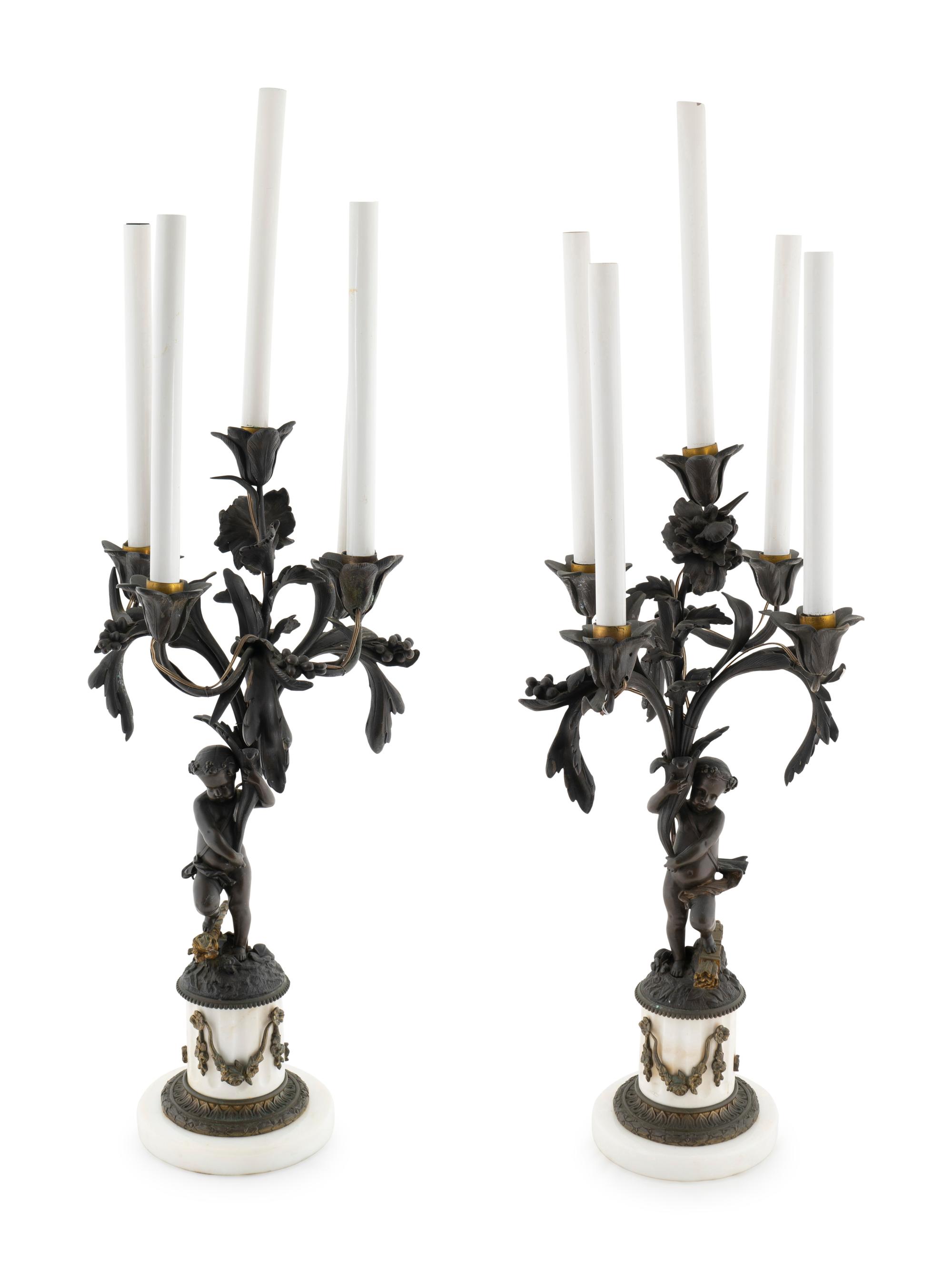 A Pair of French Bronze and Marble Five-Light Candelabra — 19TH CENTURY