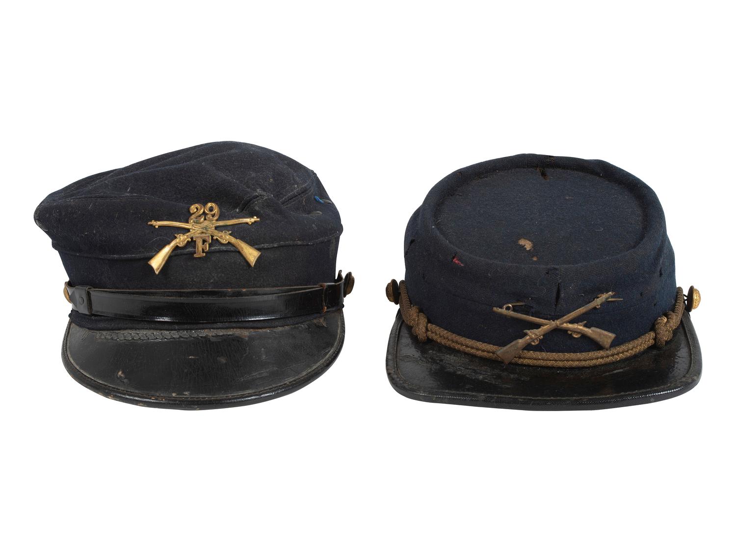 [LATE INDIAN WARS]. A group of 2 caps, highlighted by Late Indian War-era forage cap.