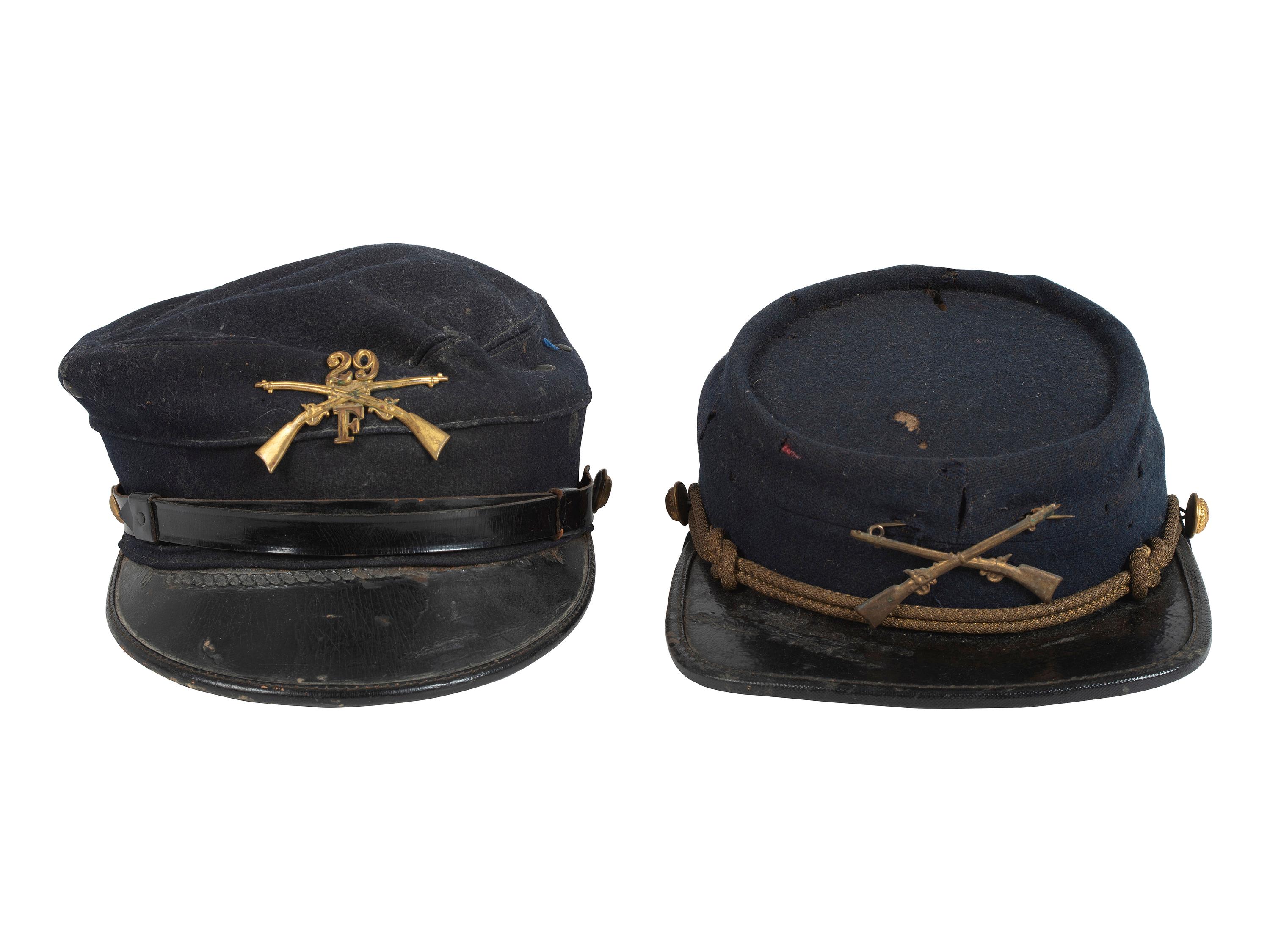[LATE INDIAN WARS]. A group of 2 caps, highlighted by Late Indian War-era forage cap.