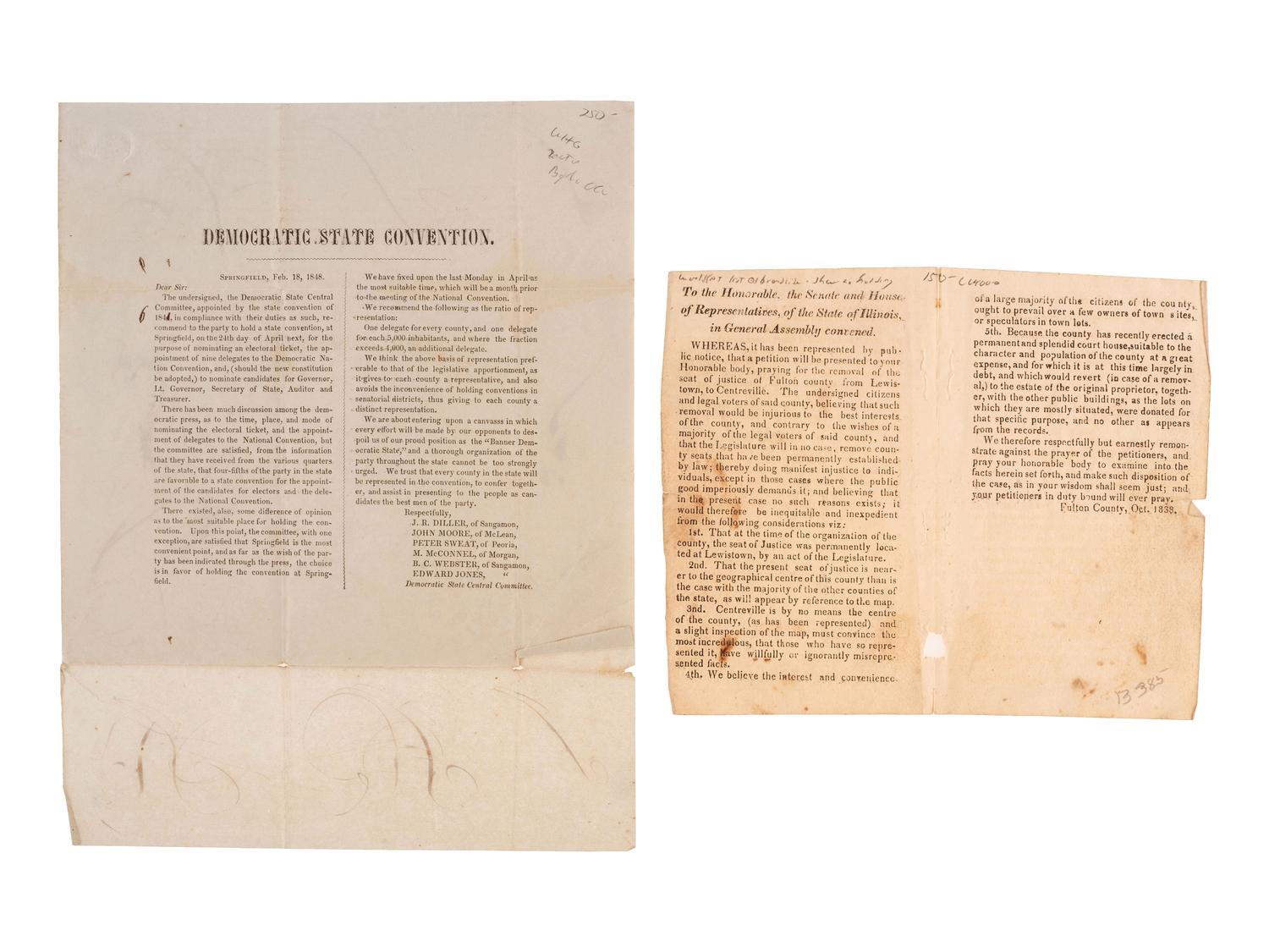 [POLITICS -- ILLINOIS]. A group of rare broadsides and bills related to Illinois politics in the first half of the 19th century.
