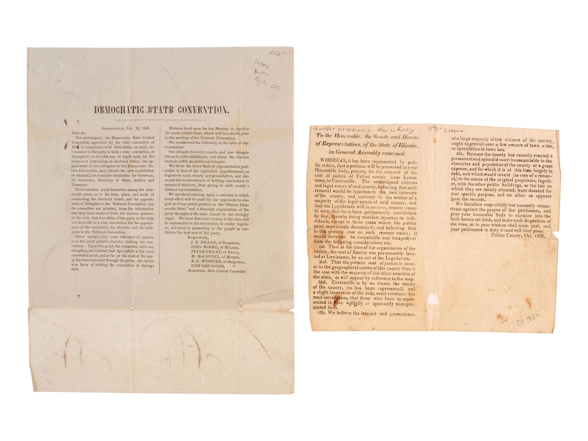 [POLITICS -- ILLINOIS]. A group of rare broadsides and bills related to Illinois politics in the first half of the 19th century.