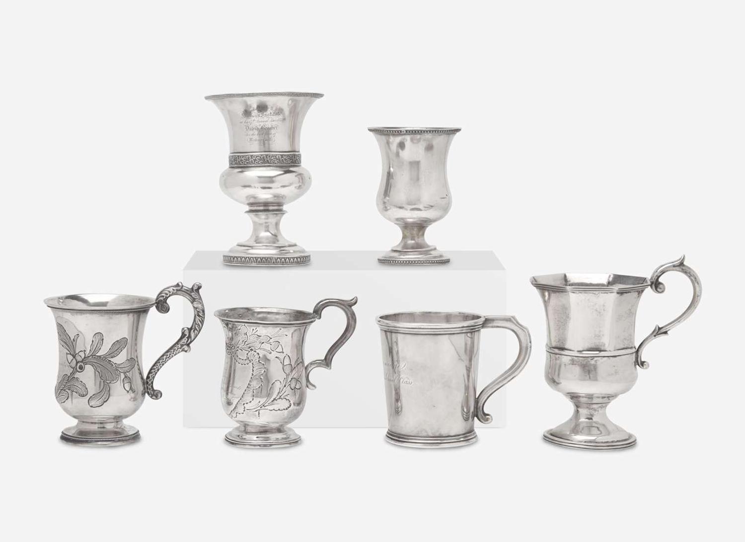 A collection of six coin silver presentation cups, Hezekiah S. Sprague (1800-1886), Newark, OH, Zalmon Stone Bostwick (1811- before 1865), New York, NY, William Adams, New York, NY, Bigelow Bros. & Kennard, Boston, MA, and others, circa 1830-1850s