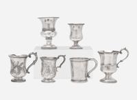 A collection of six coin silver presentation cups, Hezekiah S. Sprague (1800-1886), Newark, OH, Zalmon Stone Bostwick (1811- before 1865), New York, NY, William Adams, New York, NY, Bigelow Bros. & Kennard, Boston, MA, and others, circa 1830-1850s
