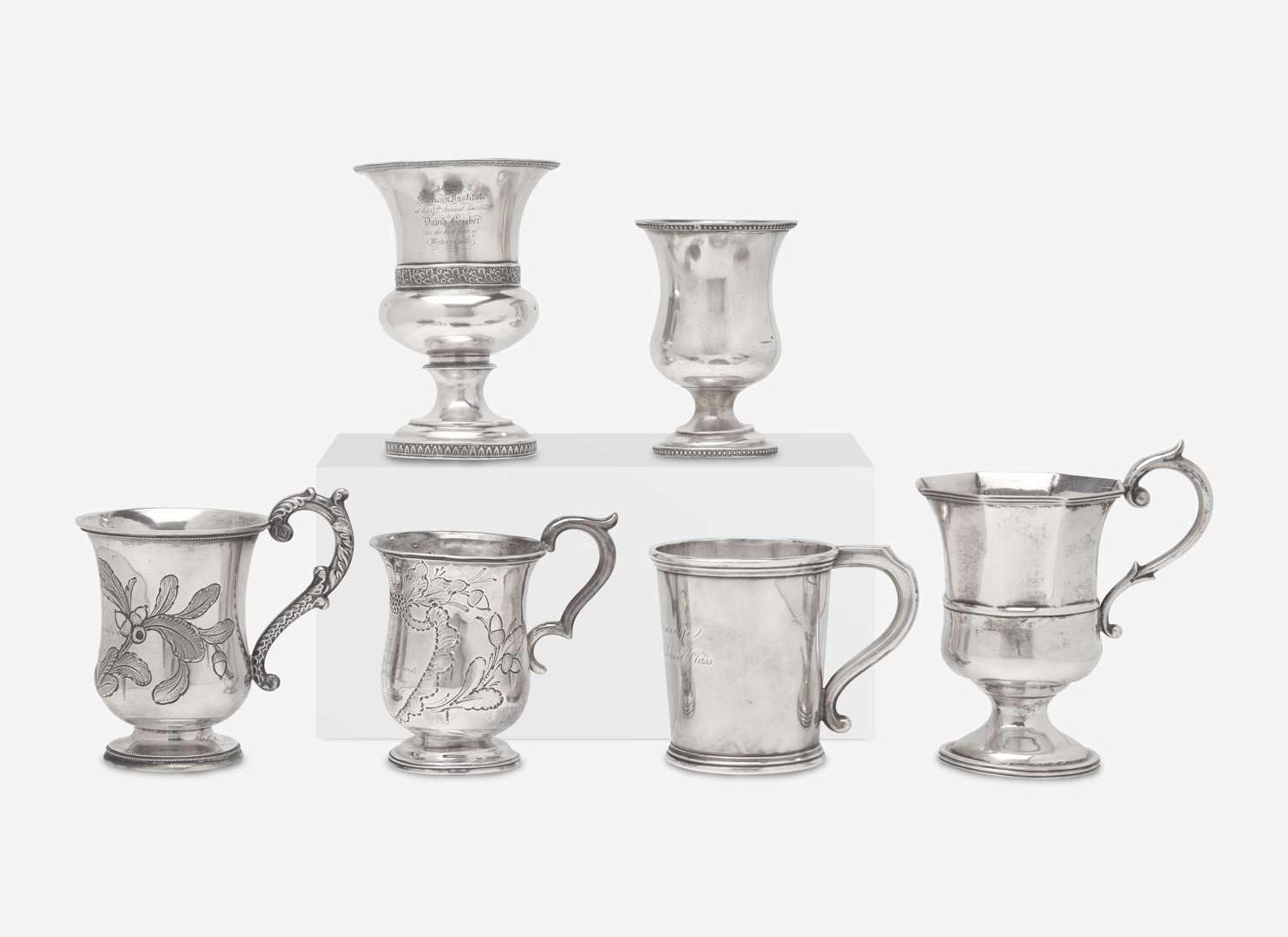 A collection of six coin silver presentation cups, Hezekiah S. Sprague (1800-1886), Newark, OH, Zalmon Stone Bostwick (1811- before 1865), New York, NY, William Adams, New York, NY, Bigelow Bros. & Kennard, Boston, MA, and others, circa 1830-1850s