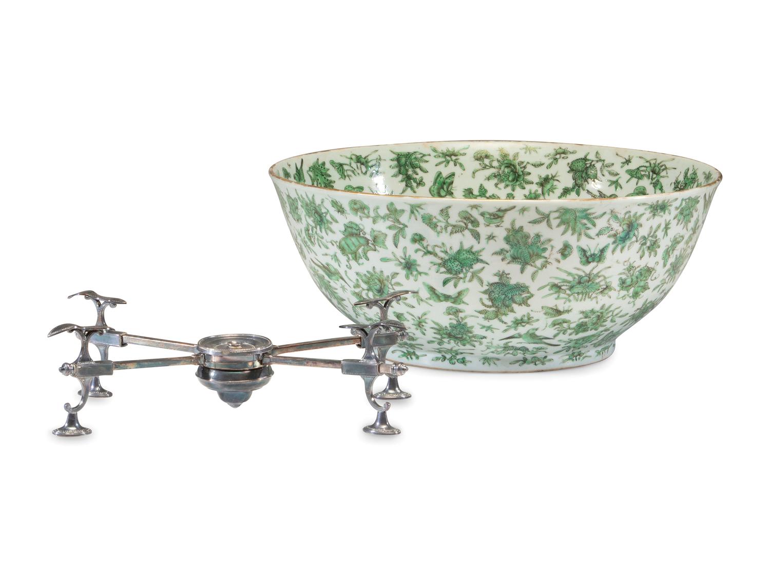 A Chinese Export Green Bird and Butterfly Porcelain Punch Bowl