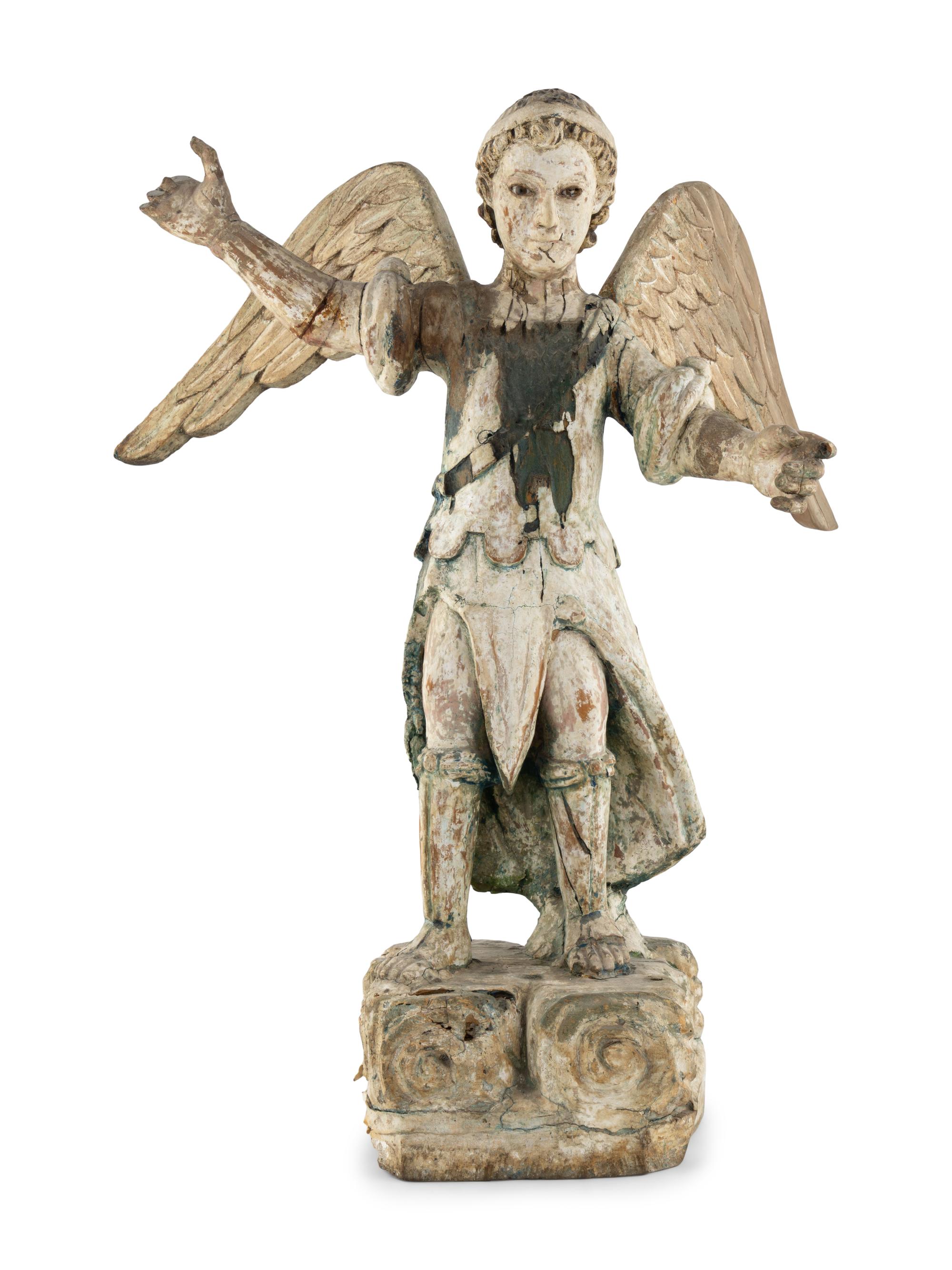 A Continental Carved and Polychrome Painted Figure of St. Michael the Archangel