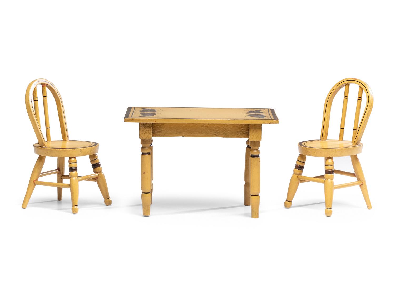 A Miniature Classical Yellow Painted and Stencil-Decorated Dining Table and Pair of Chairs