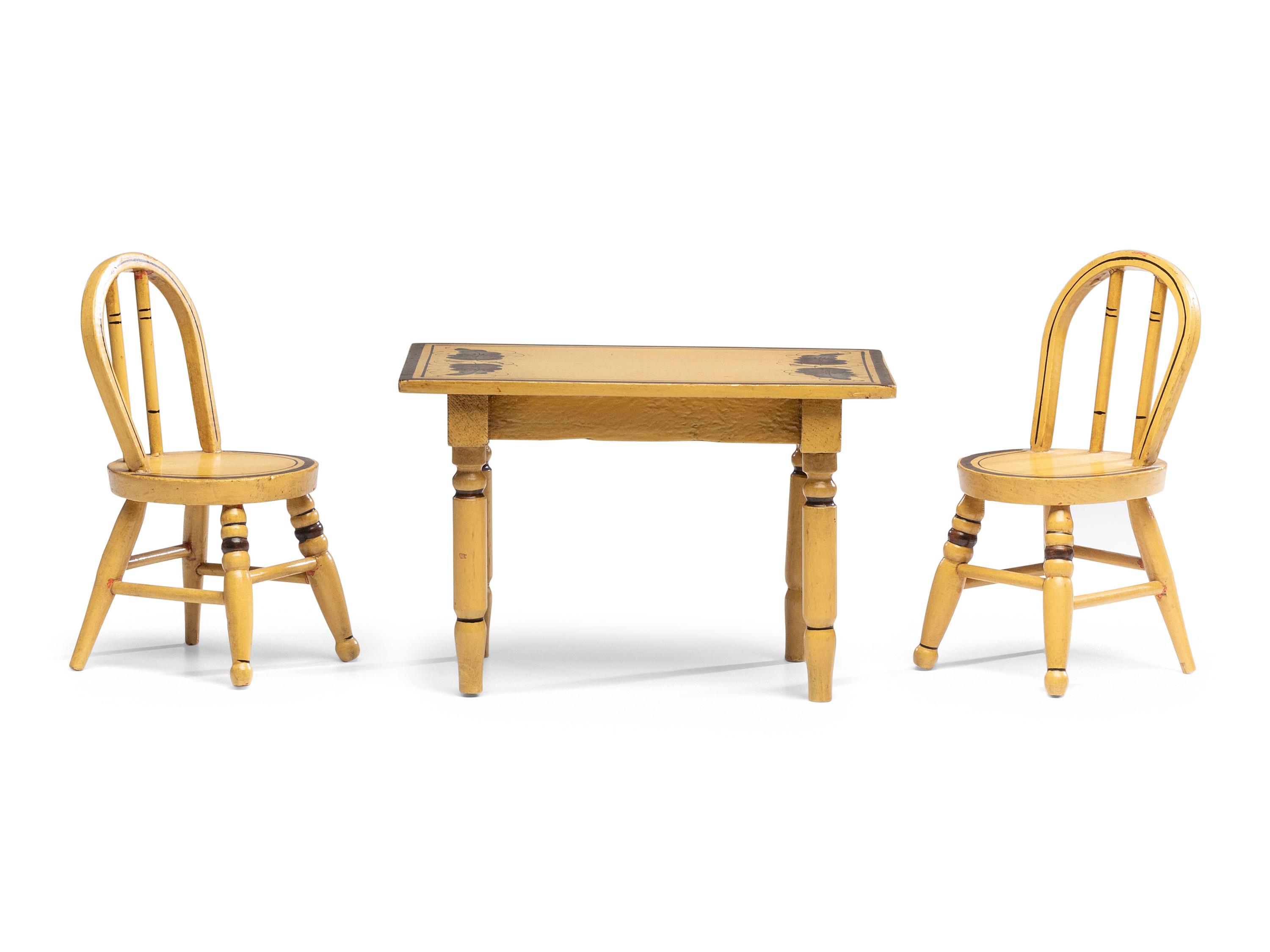 A Miniature Classical Yellow Painted and Stencil-Decorated Dining Table and Pair of Chairs