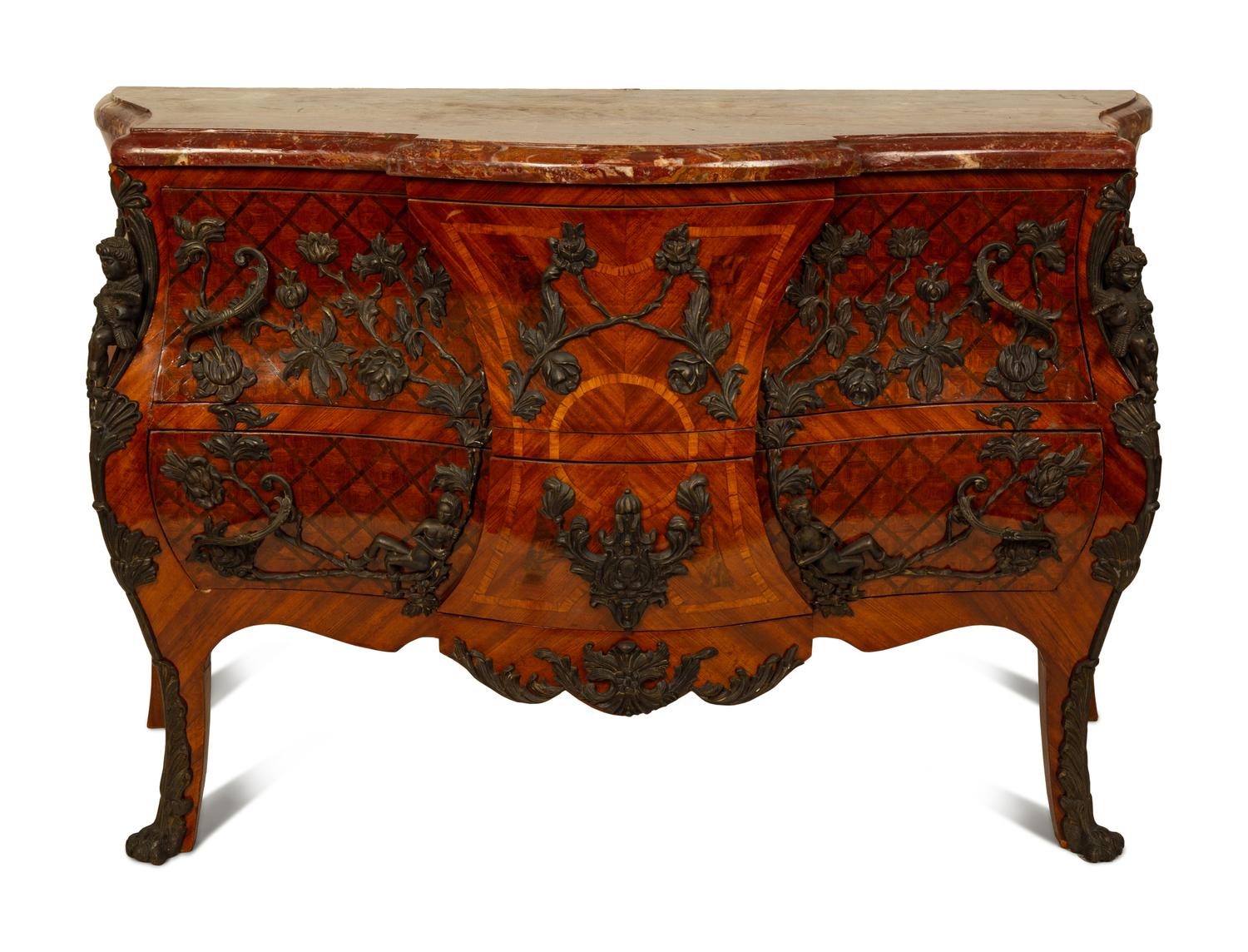 A Louis XV Style Parquetry Bombe Commode with Bronze Mounts and Marble Top — 19TH CENTURY