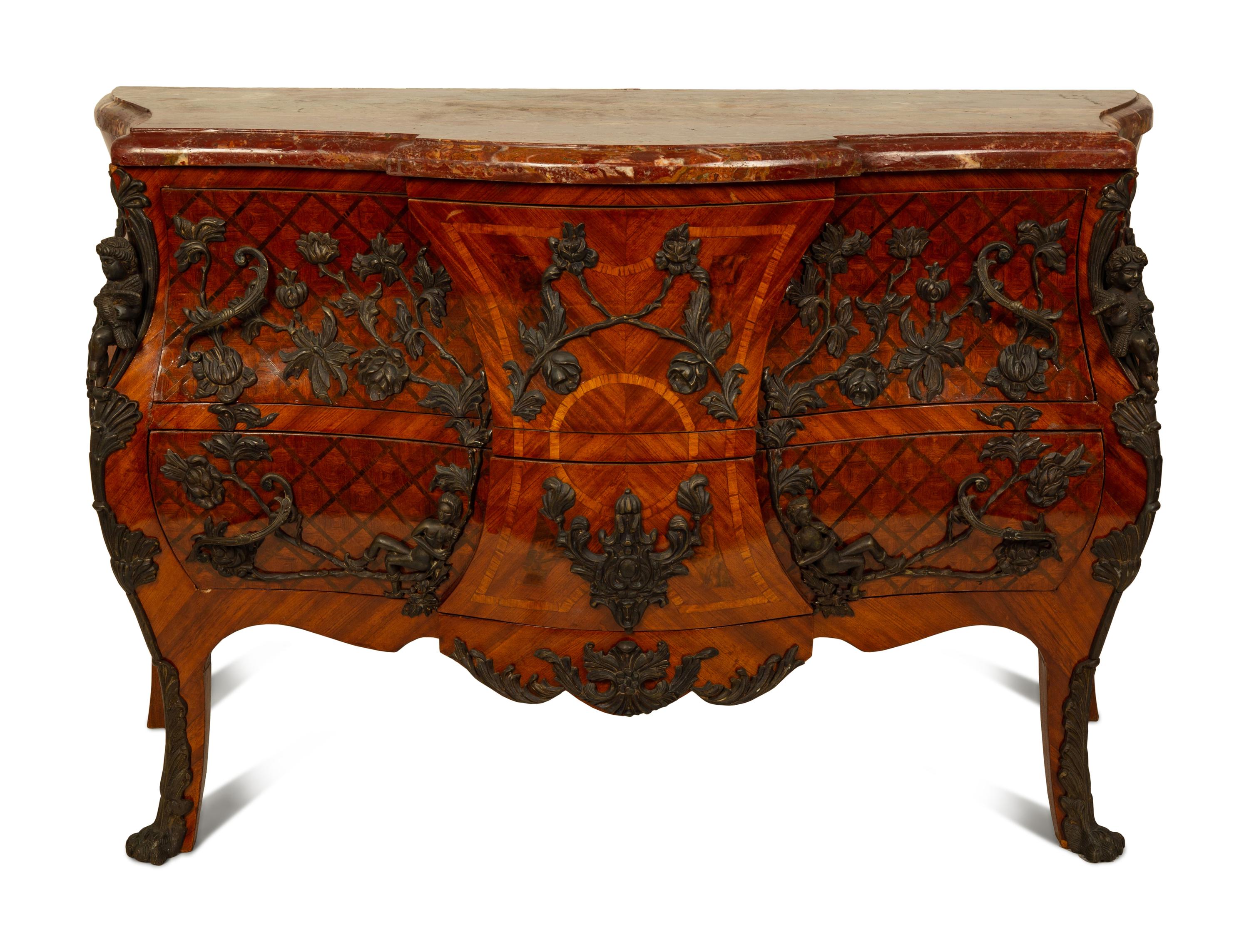 A Louis XV Style Parquetry Bombe Commode with Bronze Mounts and Marble Top — 19TH CENTURY