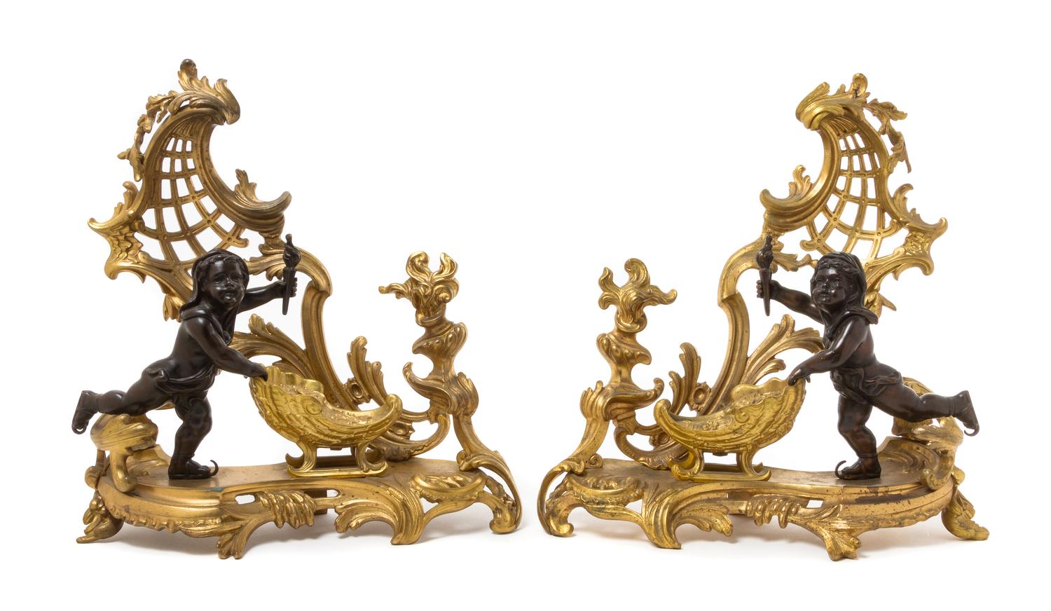 A Pair of Louis XV Style Gilt and Patinated Bronze Figural Chenets Height 16 3/4 inches. — 19TH CENTURY
