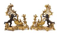 A Pair of Louis XV Style Gilt and Patinated Bronze Figural Chenets Height 16 3/4 inches. — 19TH CENTURY