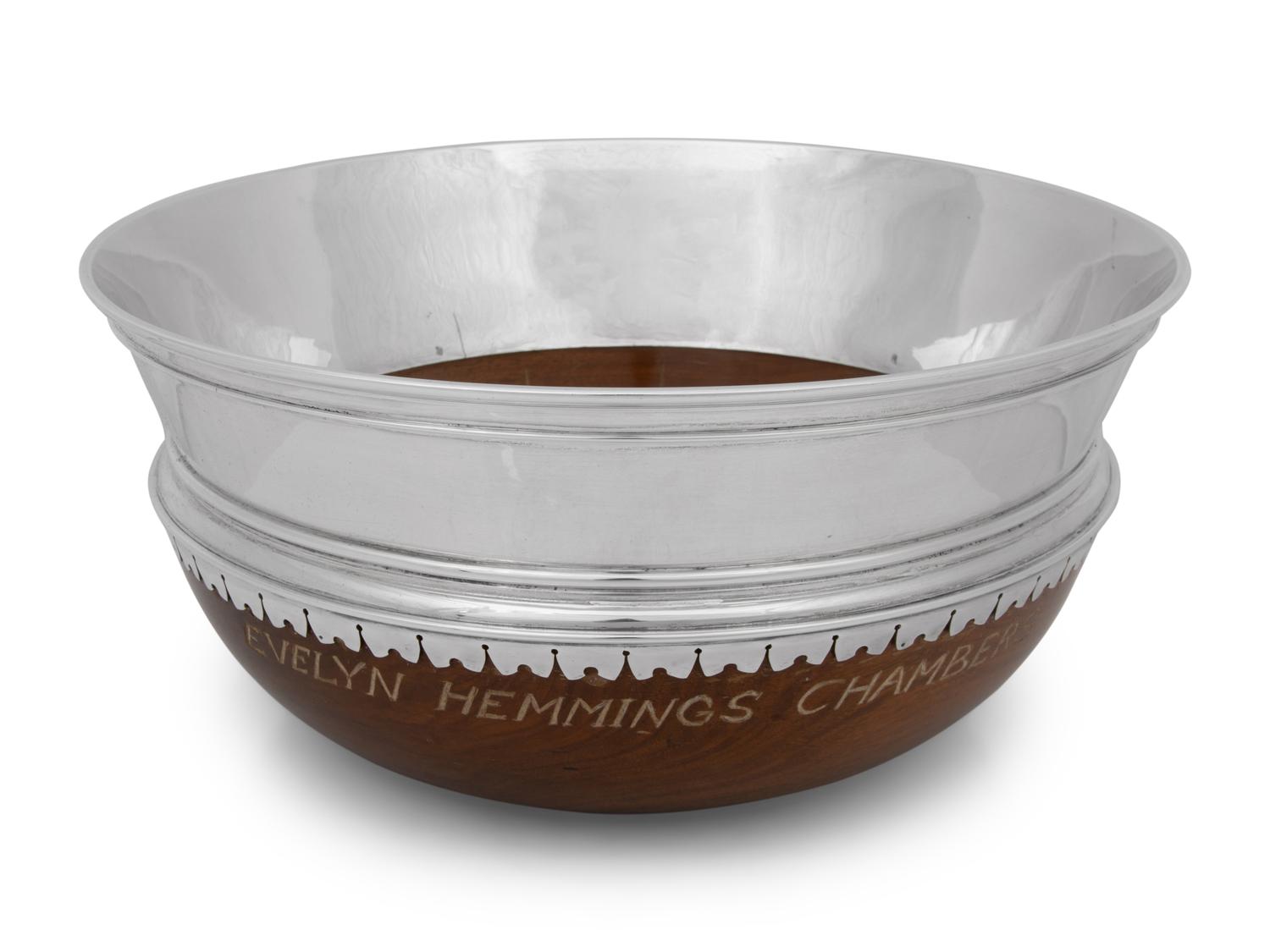 An English Silver-Mounted Mazer-Form Punch Bowl and Cups