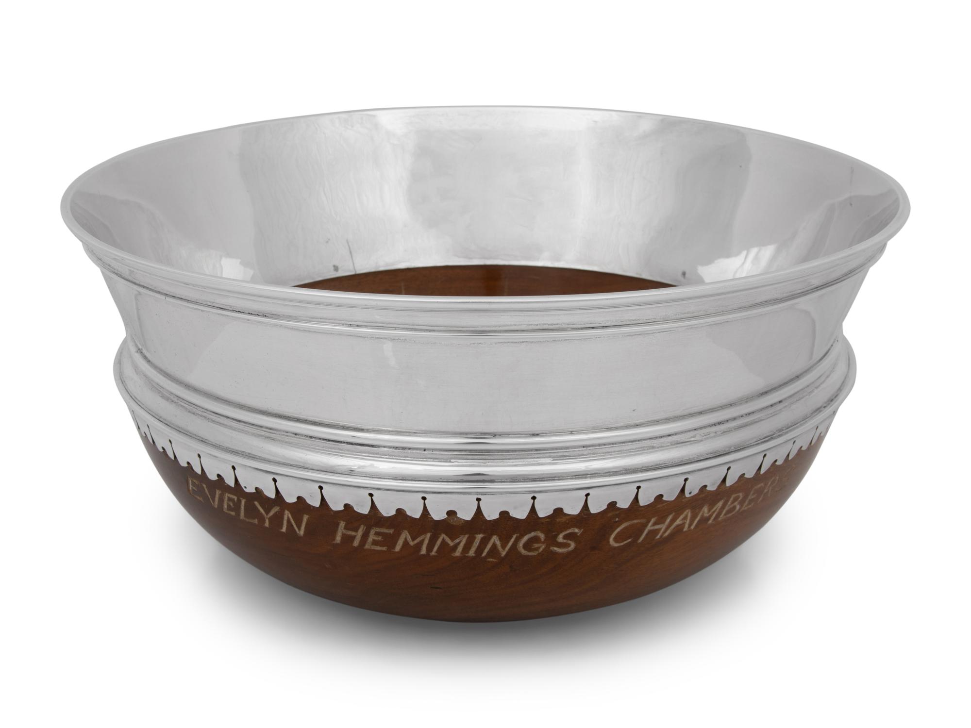An English Silver-Mounted Mazer-Form Punch Bowl and Cups