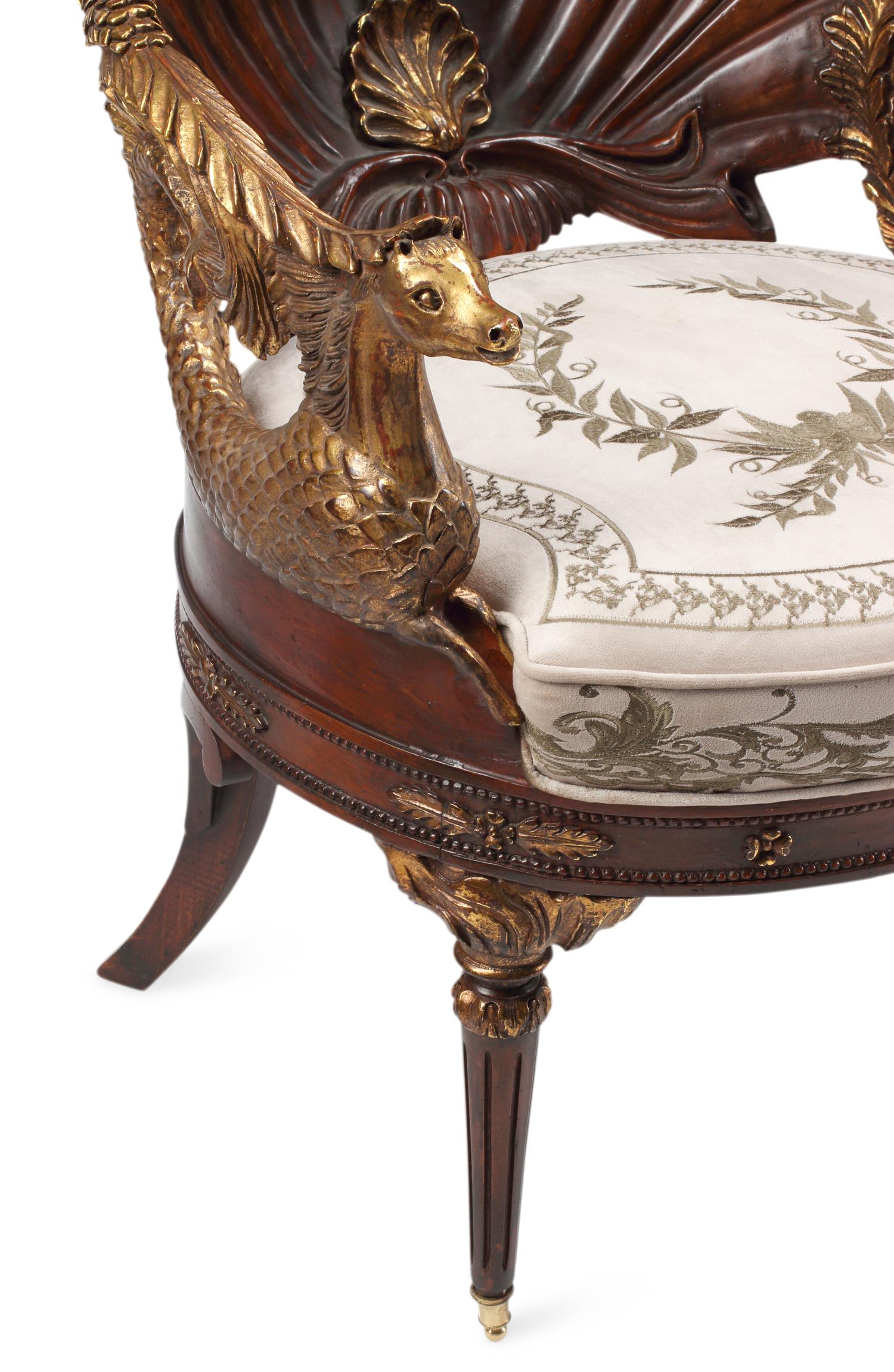A Pair of Neoclassical Style Carved Walnut and Parcel-Gilt Shell-Form Armchairs