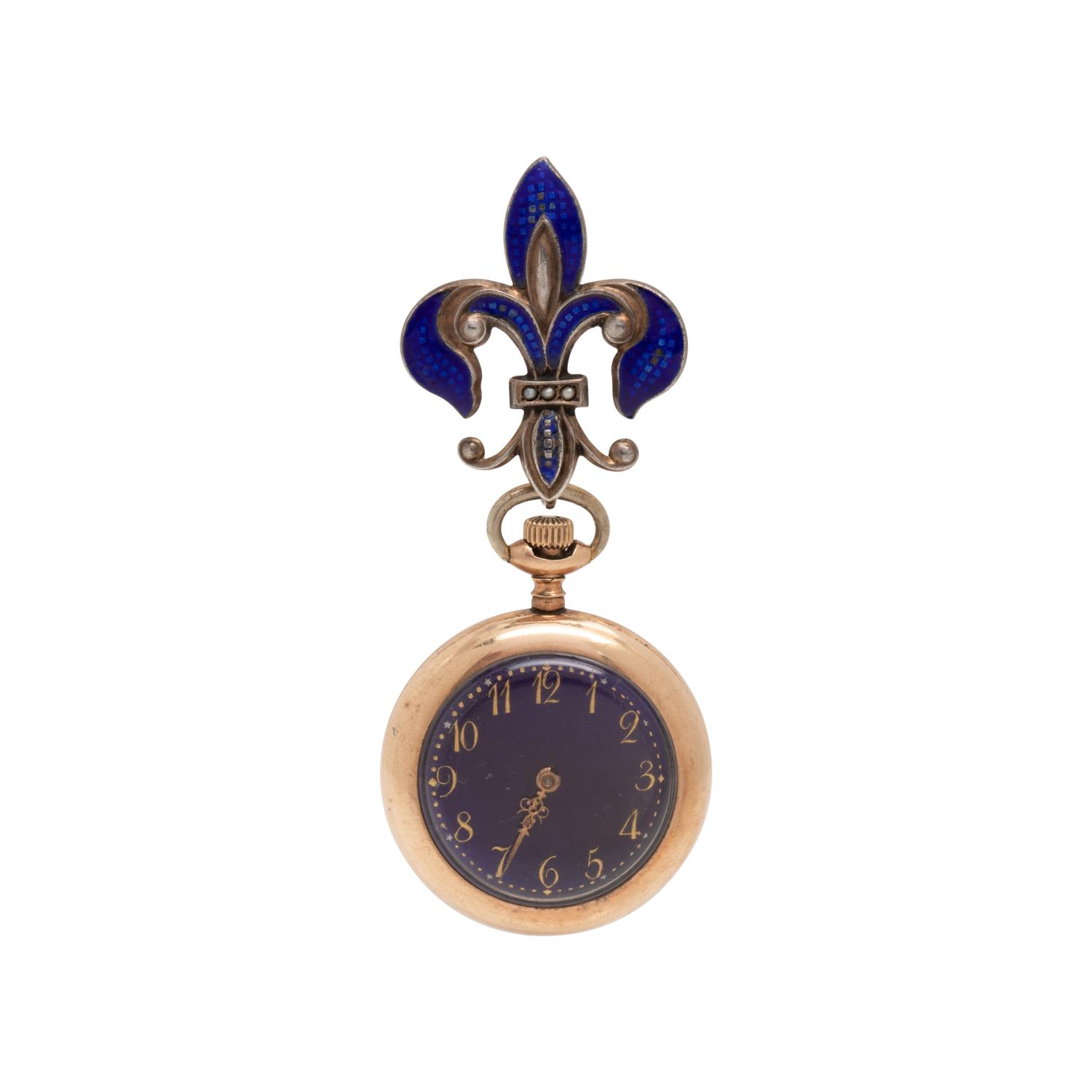 GOLD-FILLED AND ENAMEL OPEN FACE LAPEL WATCH