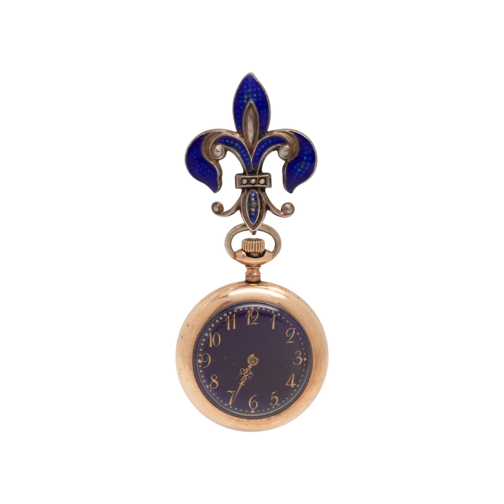 GOLD-FILLED AND ENAMEL OPEN FACE LAPEL WATCH