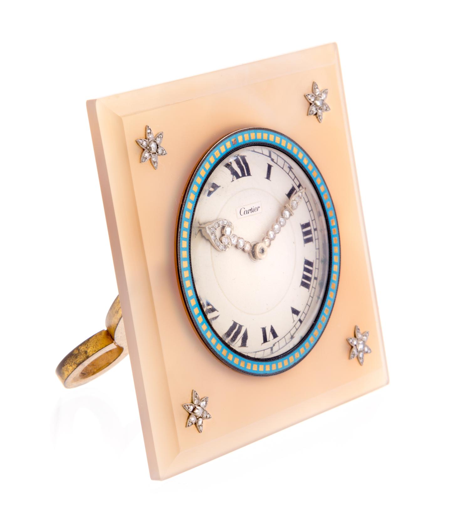 A Cartier Agate and Diamond Mounted Desk Clock Height 3 inches. — MOVEMENT BY EUROPEAN WATCH & CLOCK CO., FRANCE