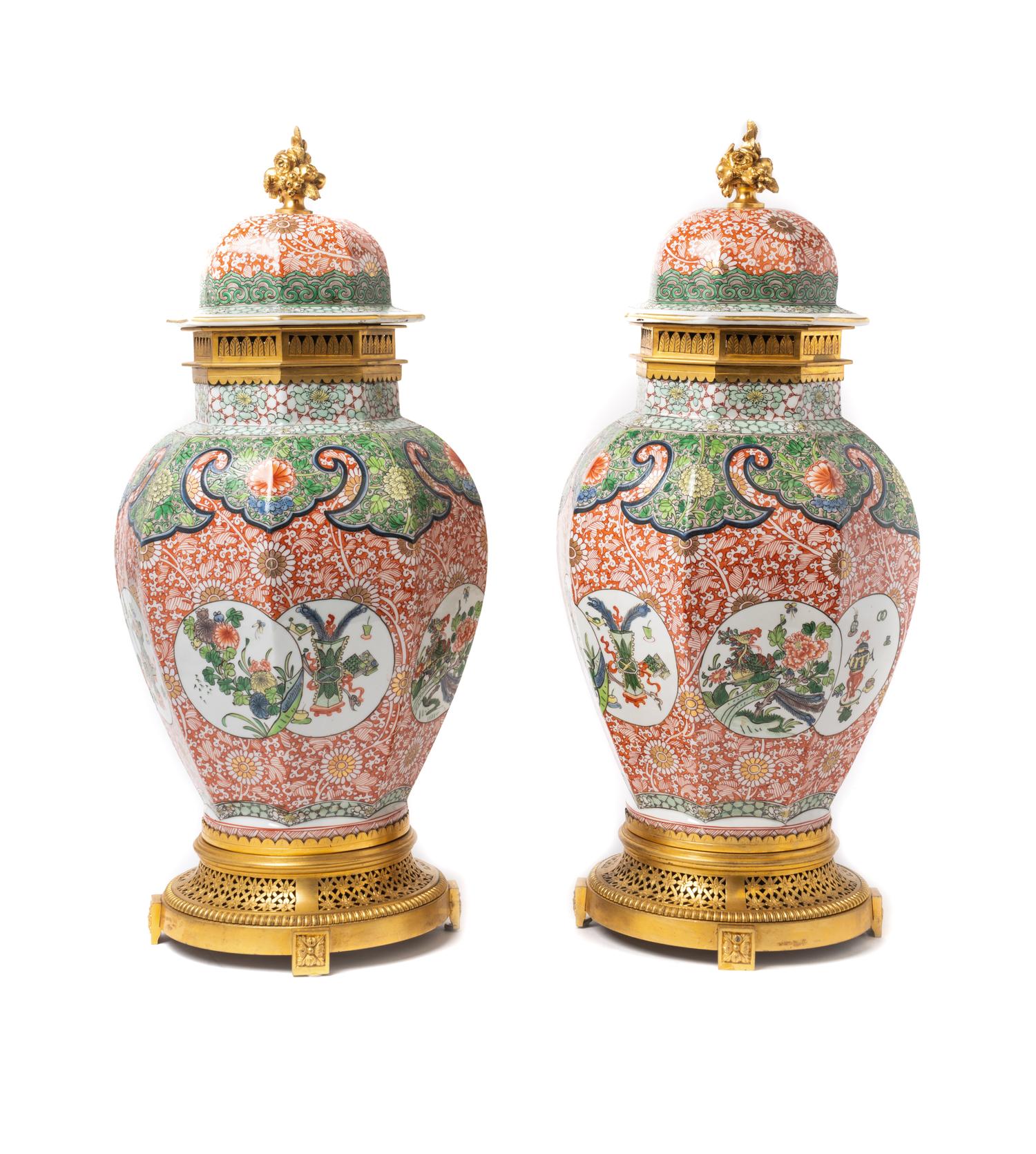 A Pair of French Gilt Bronze Mounted Chinese Porcelain Covered Vases