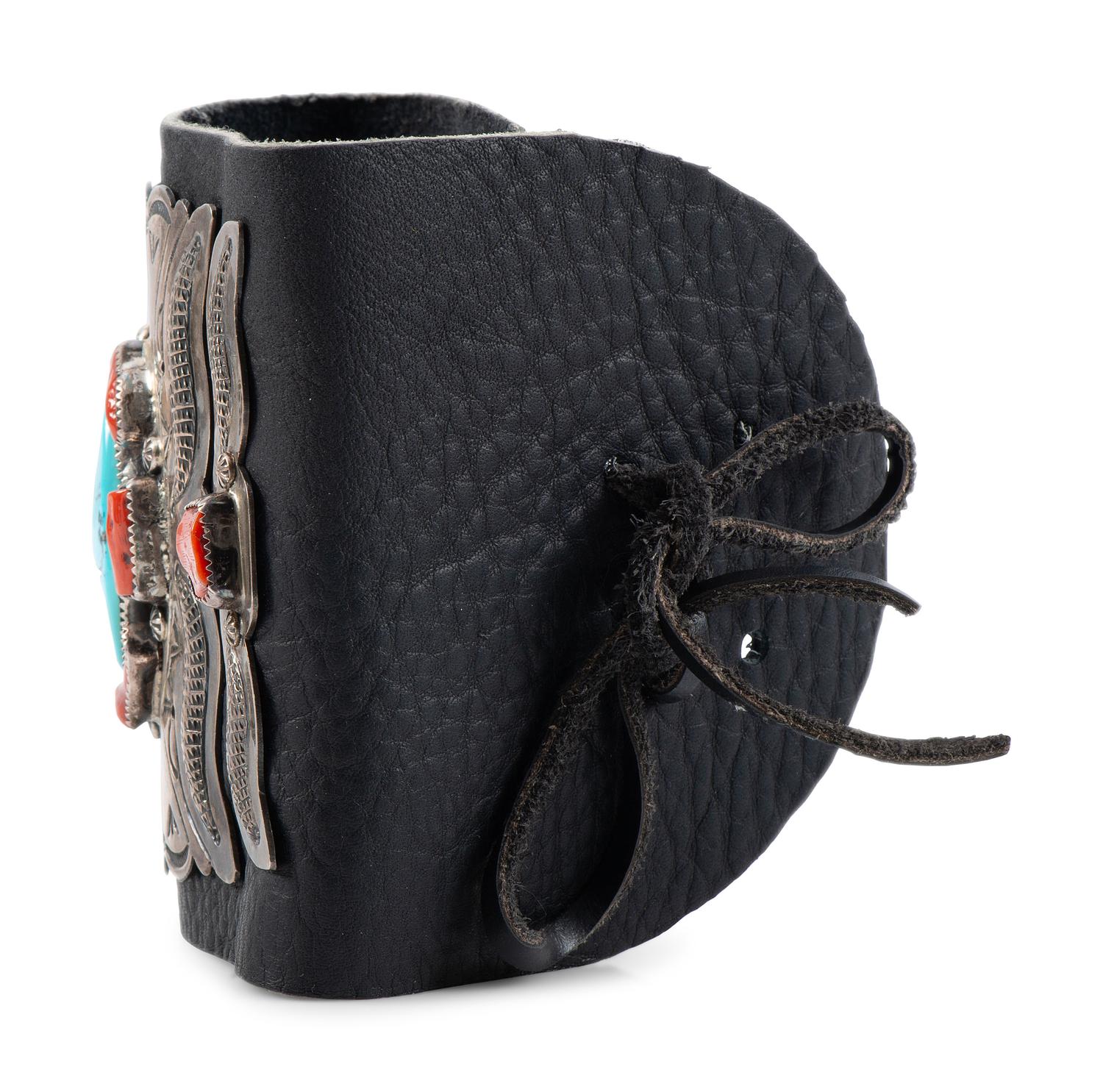 Navajo Stamped Silver, Turquoise, and Coral Ketoh, with Repousse Accents