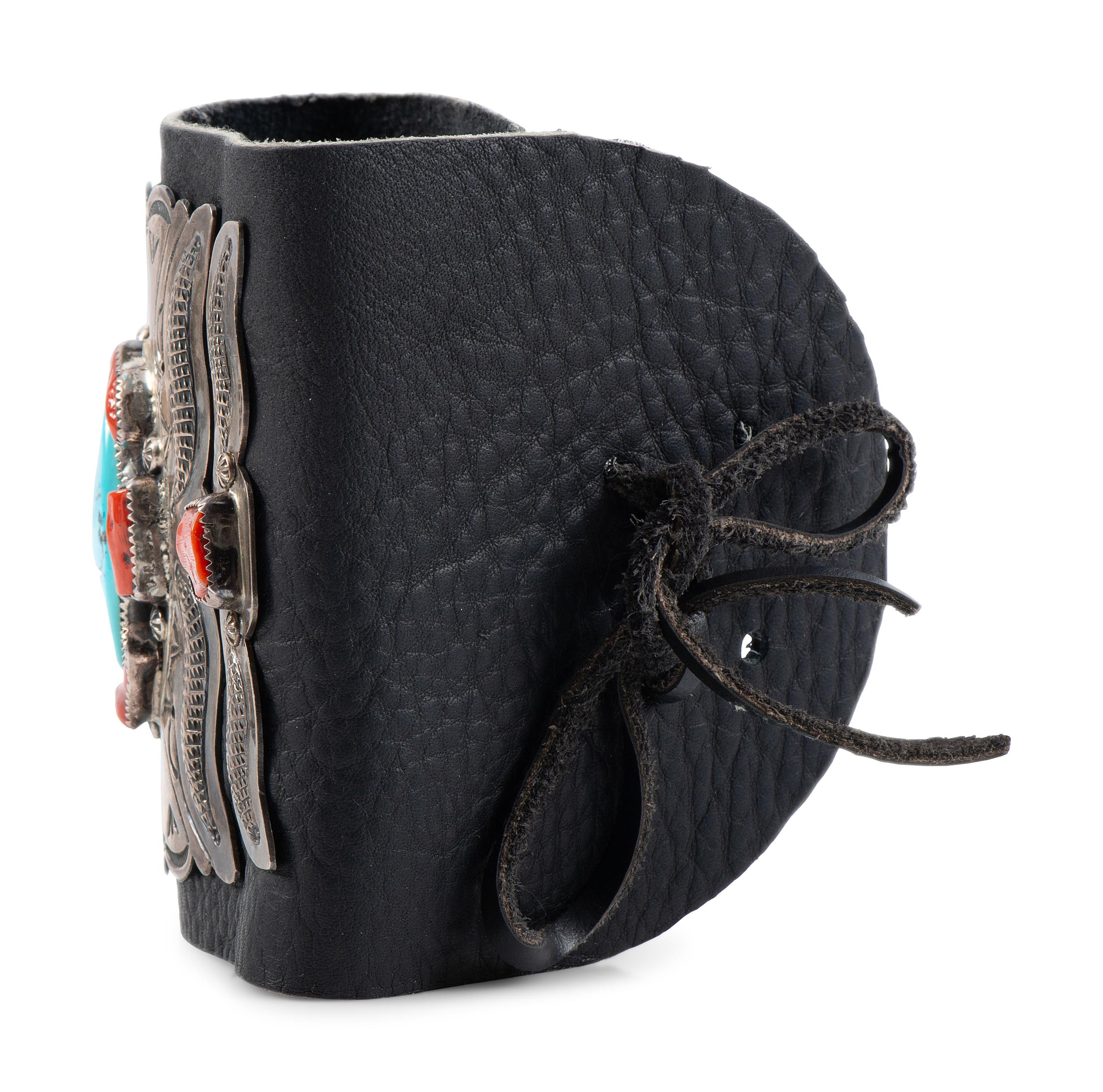 Navajo Stamped Silver, Turquoise, and Coral Ketoh, with Repousse Accents