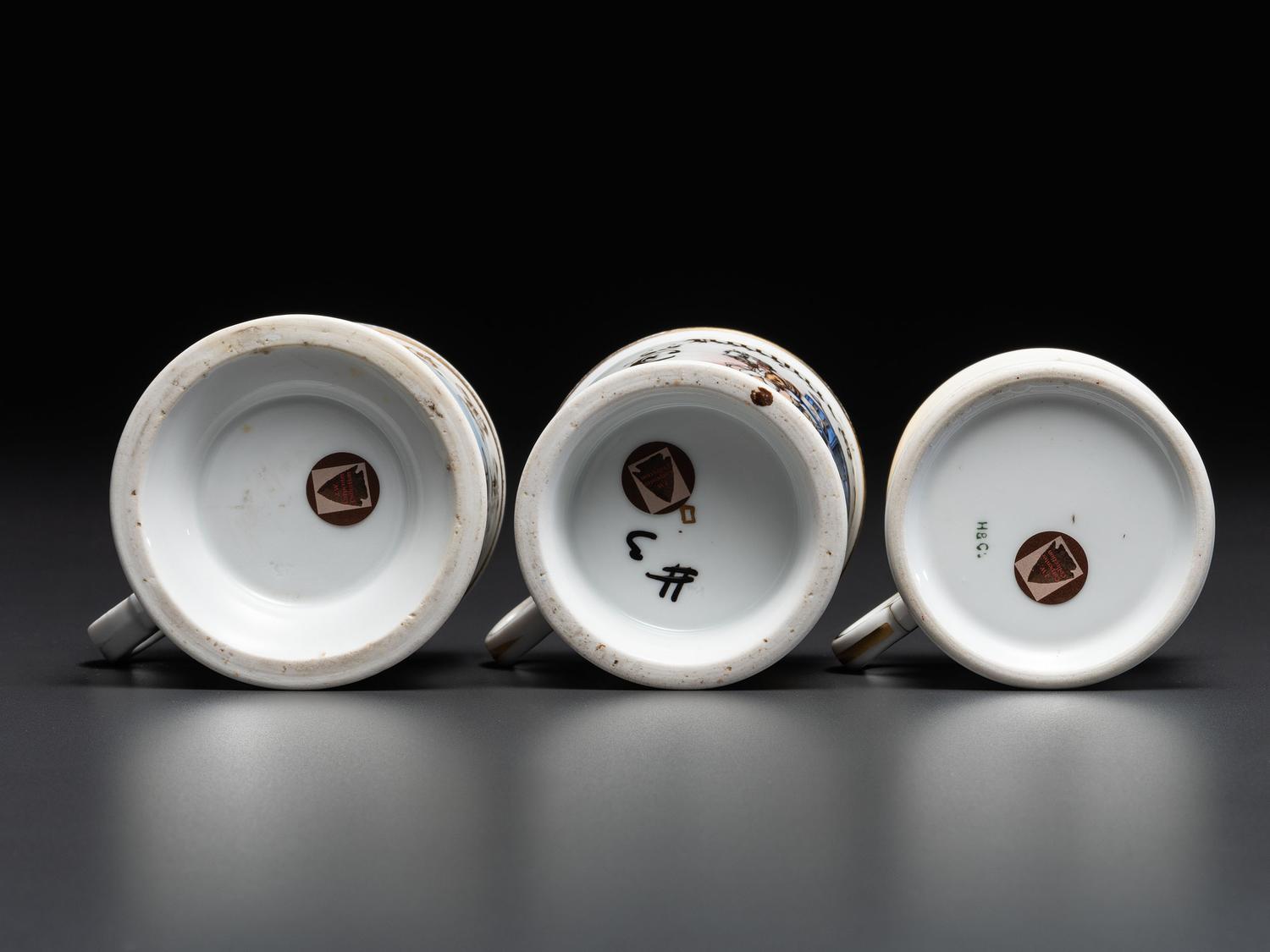 Three Horse-Drawn Delivery Wagon Porcelain Occupational Shaving Mugs