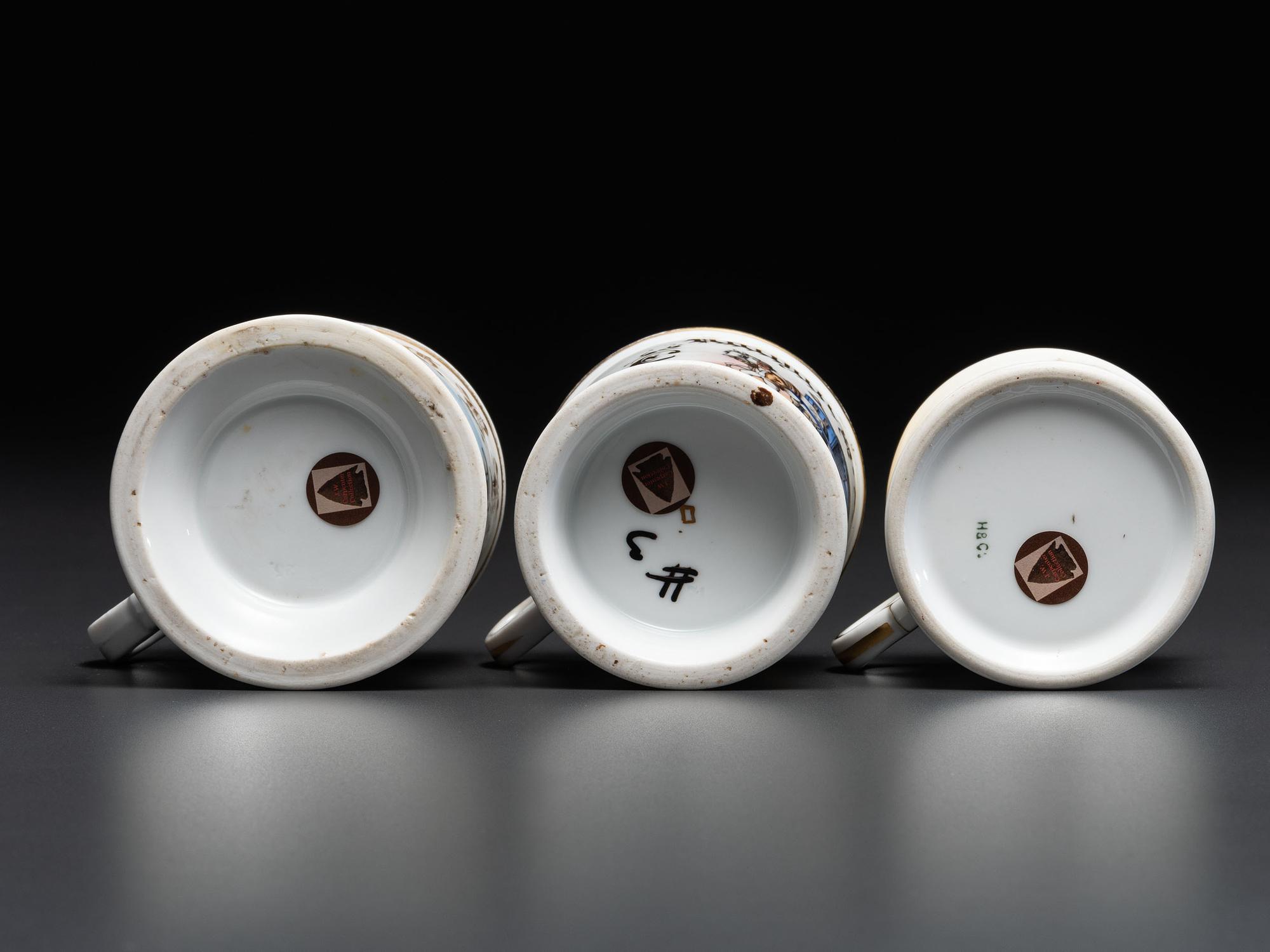 Three Horse-Drawn Delivery Wagon Porcelain Occupational Shaving Mugs
