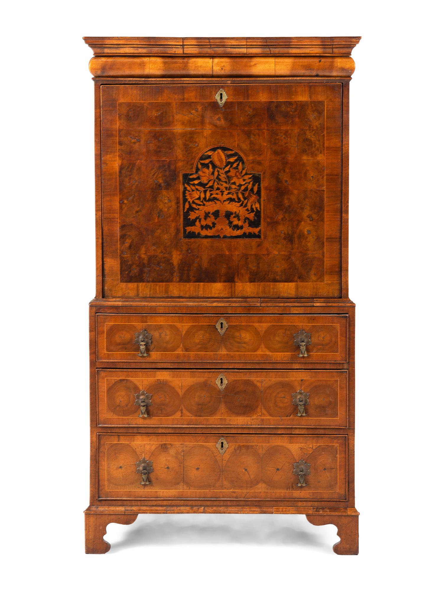 A William and Mary Style Oyster Walnut and Floral Marquetry Fall-Front Bureau